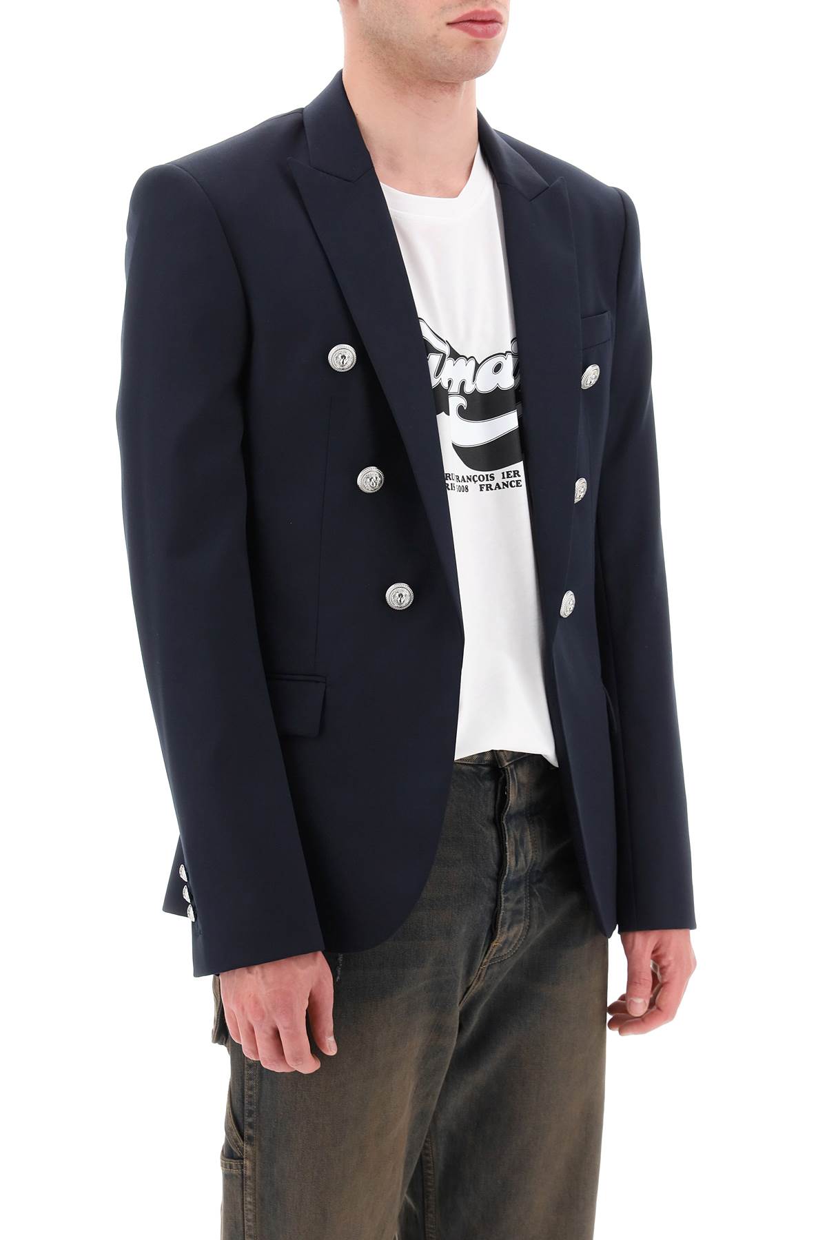 Shop Balmain Wool Jacket With Ornamental Buttons In Marine (blue)