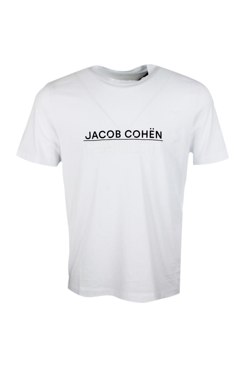 Shop Jacob Cohen Histores Short-sleeved Crew-neck T.shirt In Stretch Cotton Jersey With Logo On The Chest In White