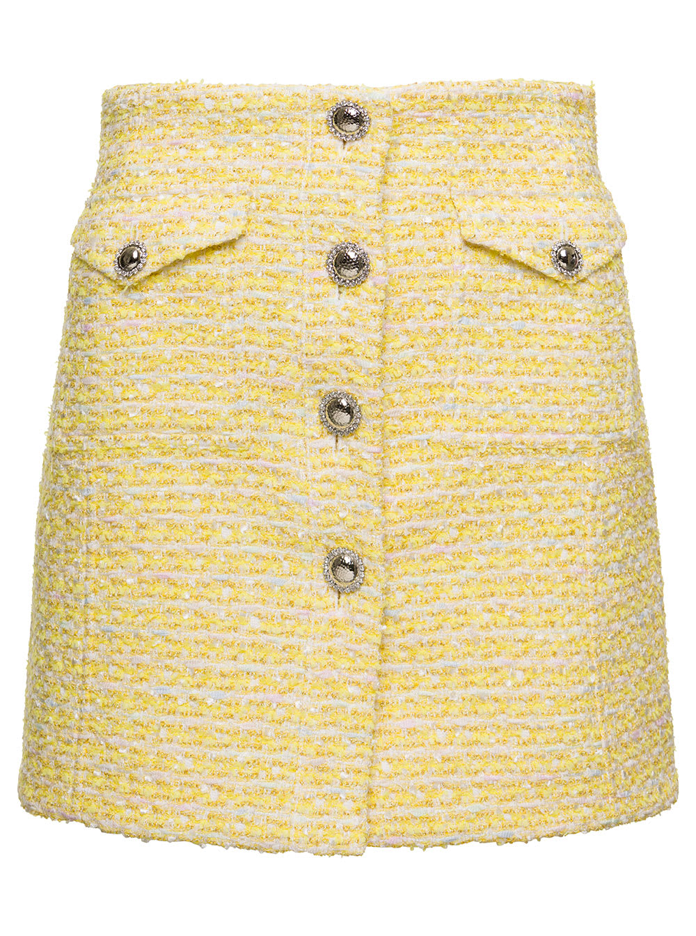 ALESSANDRA RICH YELLOW MINISKIRT WITH FRONT POCKETS AND SILVER BUTTONS ON THE FRONT IN TWEED LUREX WOMAN