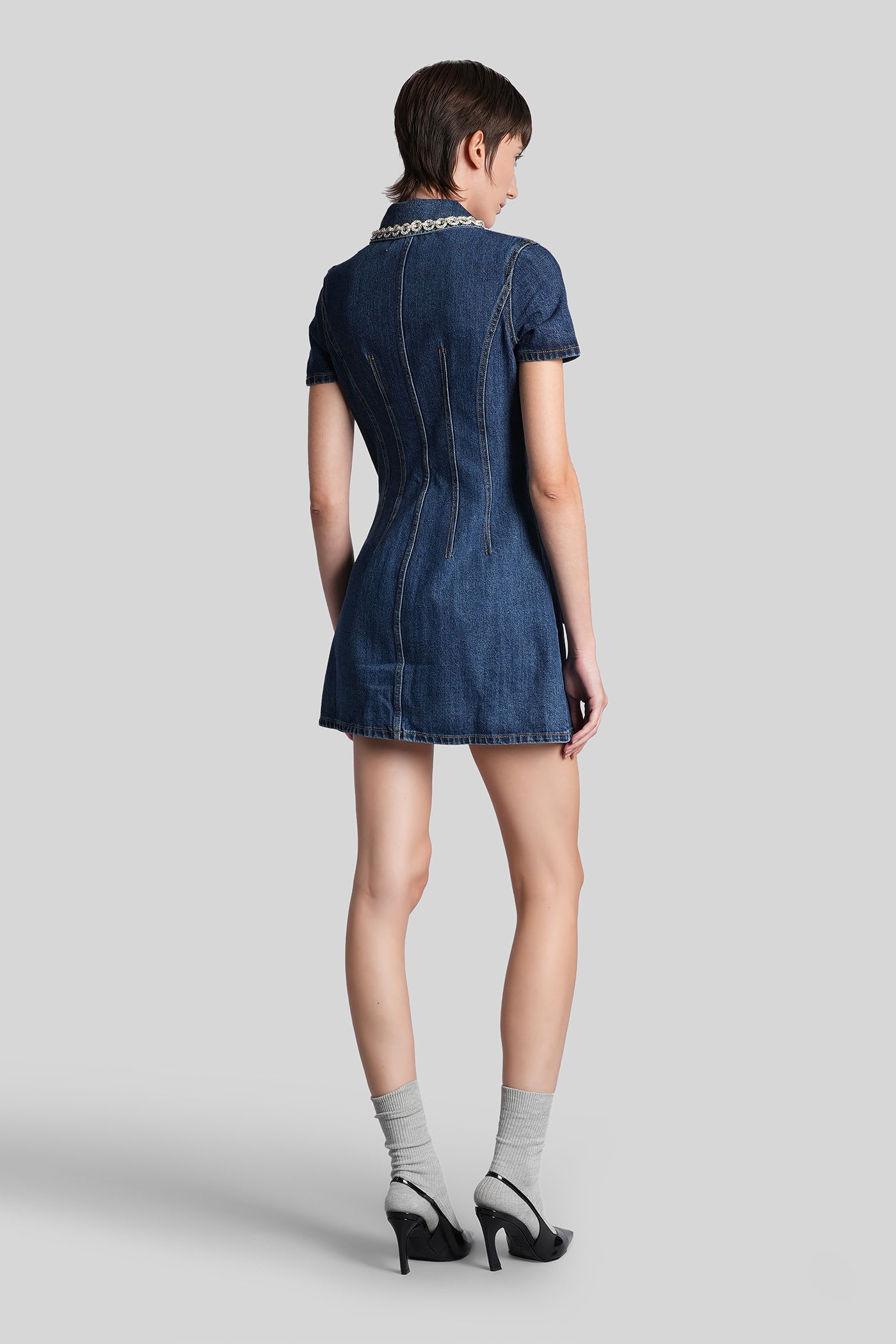 Self-portrait Fitted Denim Dress With Strass-detail Collar In Blue