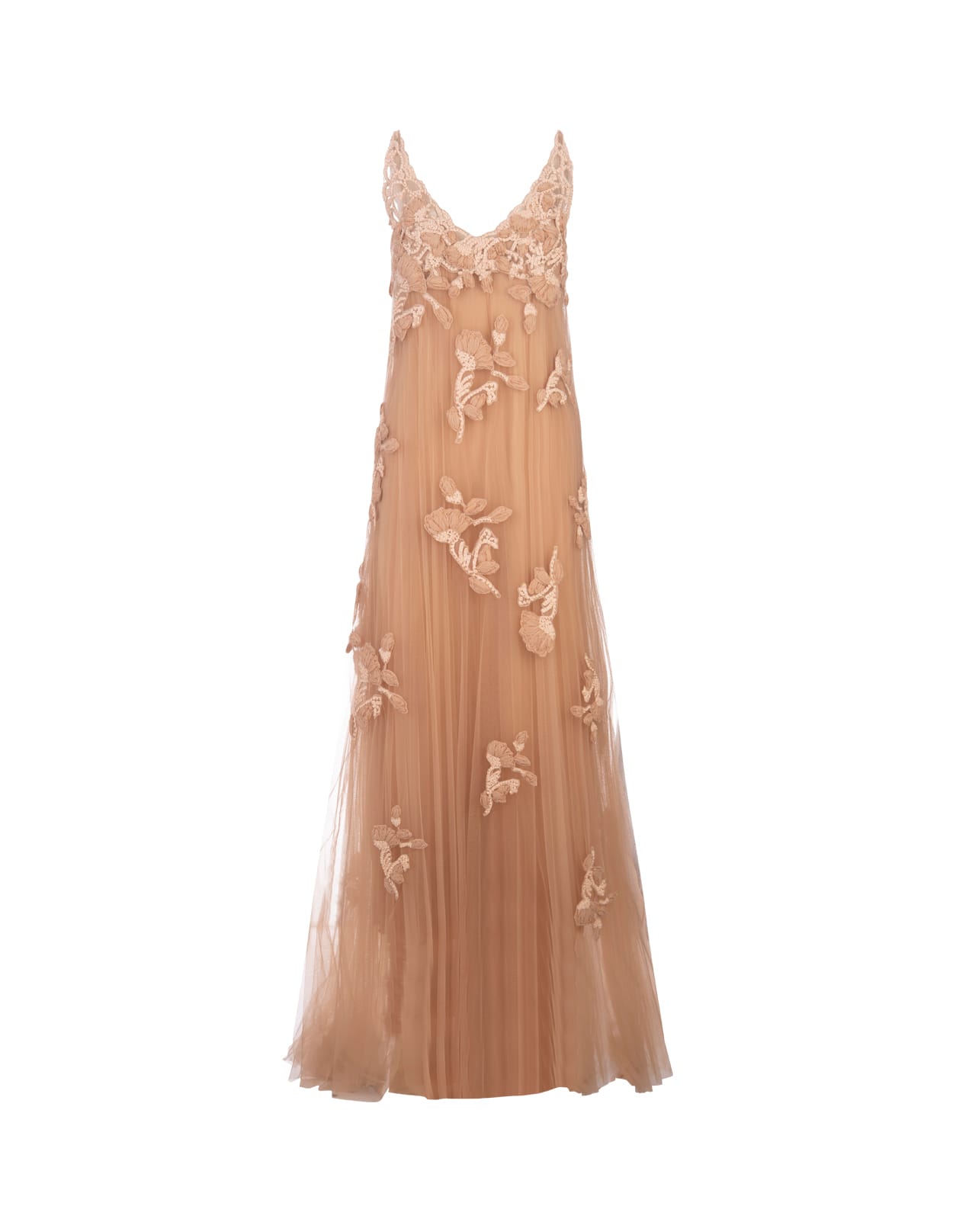 Beige Tulle Long Dress With Floral Lace