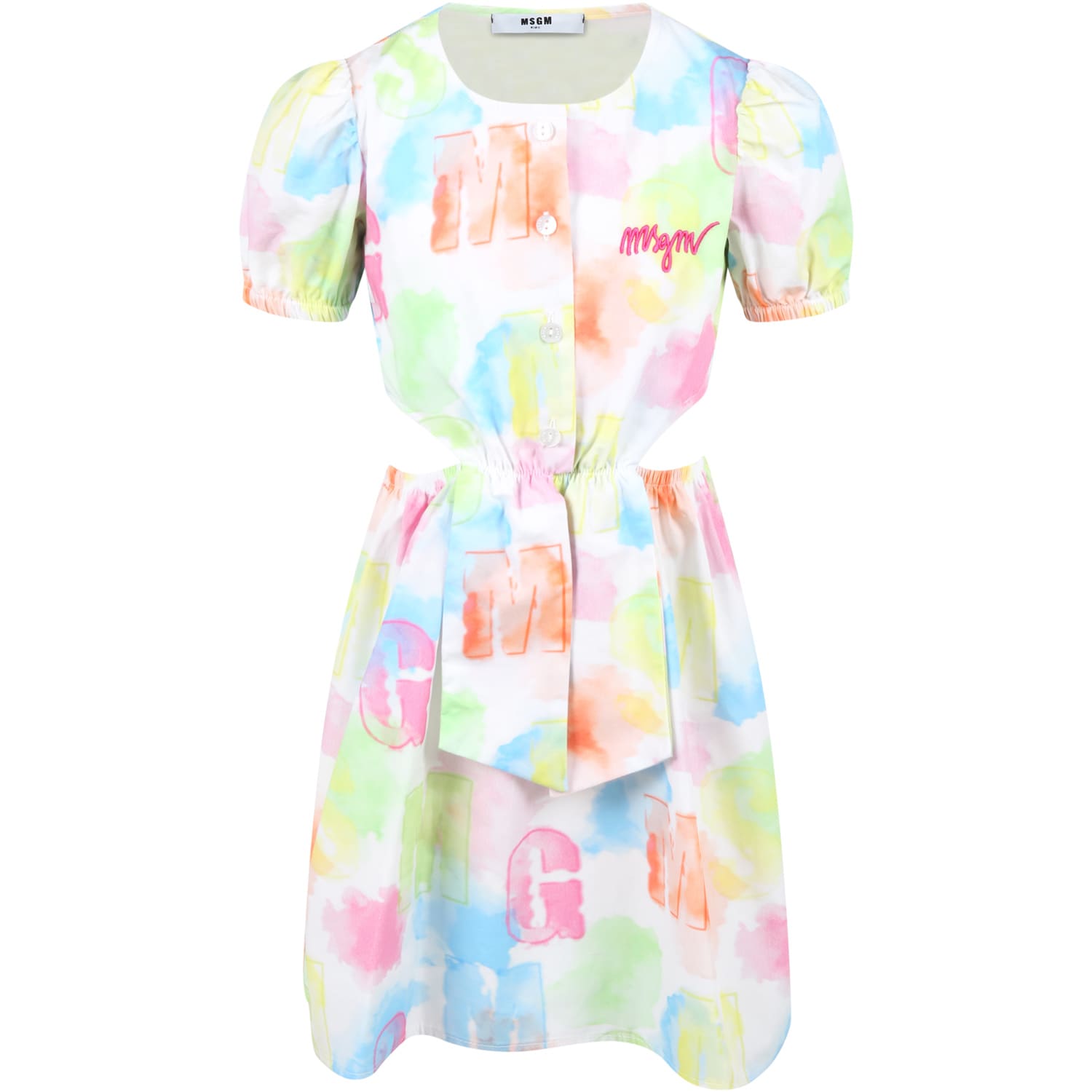 Shop Msgm White Dress For Girl With Logos In Multicolor