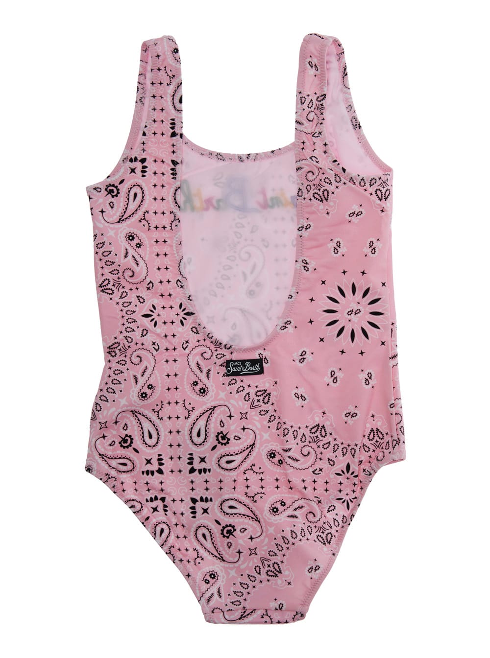 Mc2 Saint Barth Cara Pink One-piece With Logo Patch On The Rear And All-over Print In Tech Fabric Stretch Girl In Pink