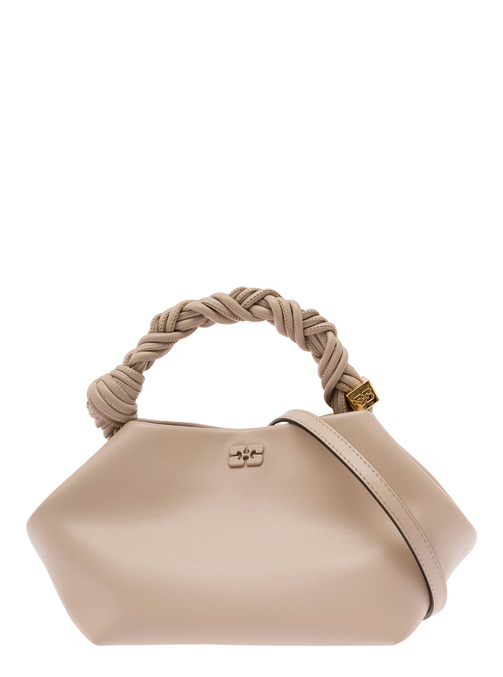 Shop Ganni Bou Beige Handbag With Butterfly Logo And Hand-braided Strands In Leather Woman