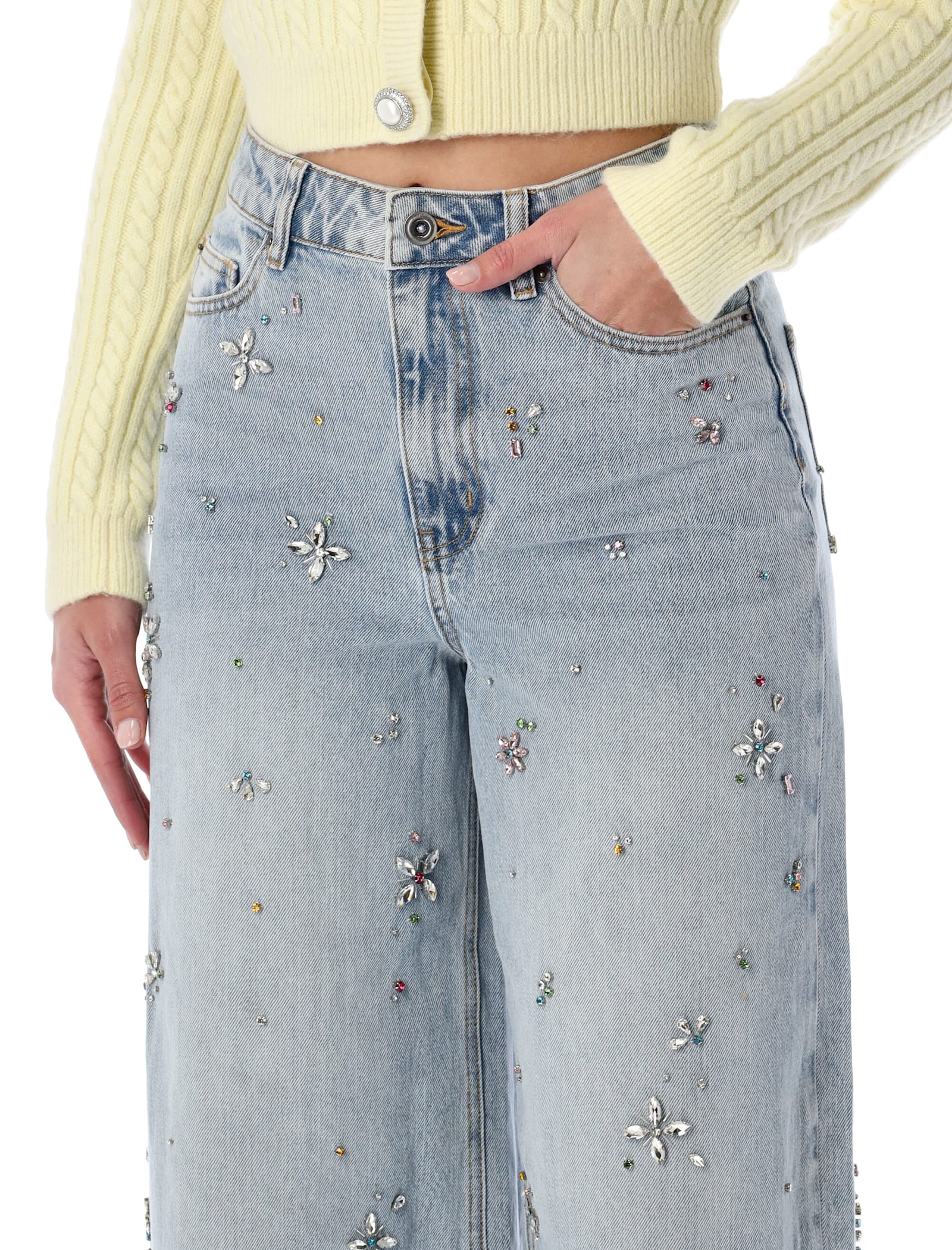 Self-portrait Embellished Wide-leg Jeans With Crystal Embellishment In Blue