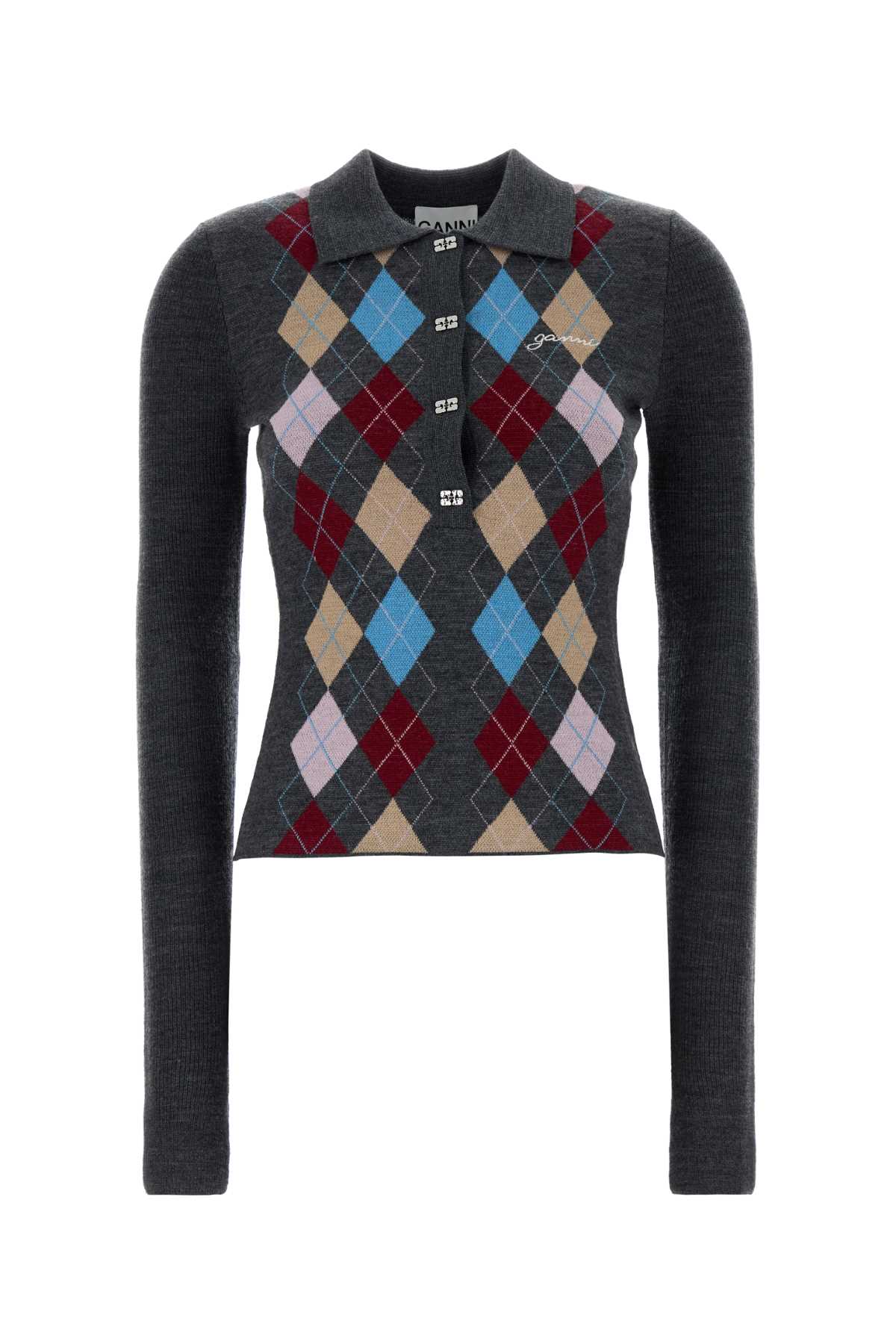 Ganni Long-sleeved Polo Shirt With Argyle Pattern In Gray