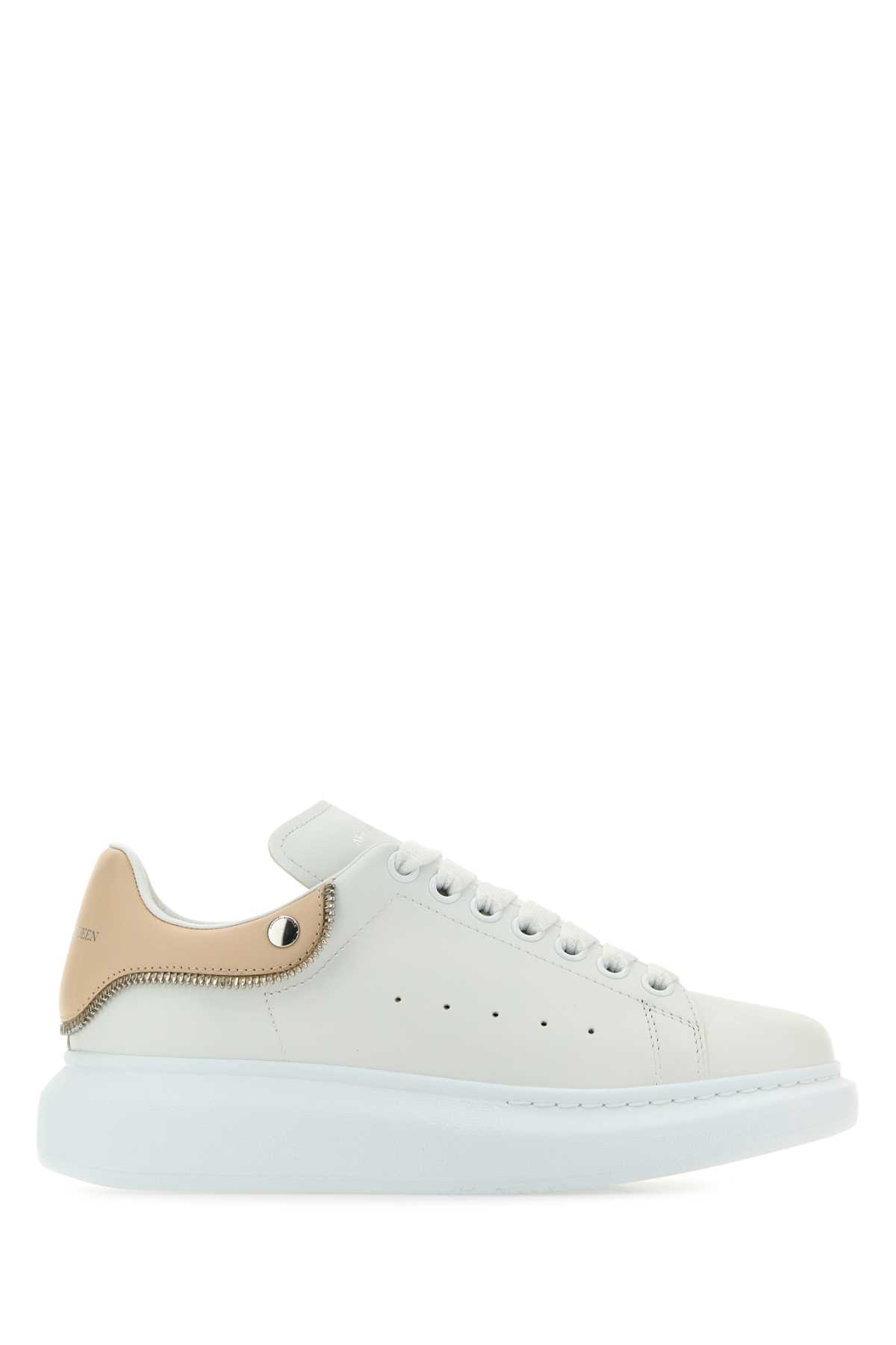 Shop Alexander Mcqueen White Leather Sneakers With Powder Pink Leather Heel In Whiteoatsilver