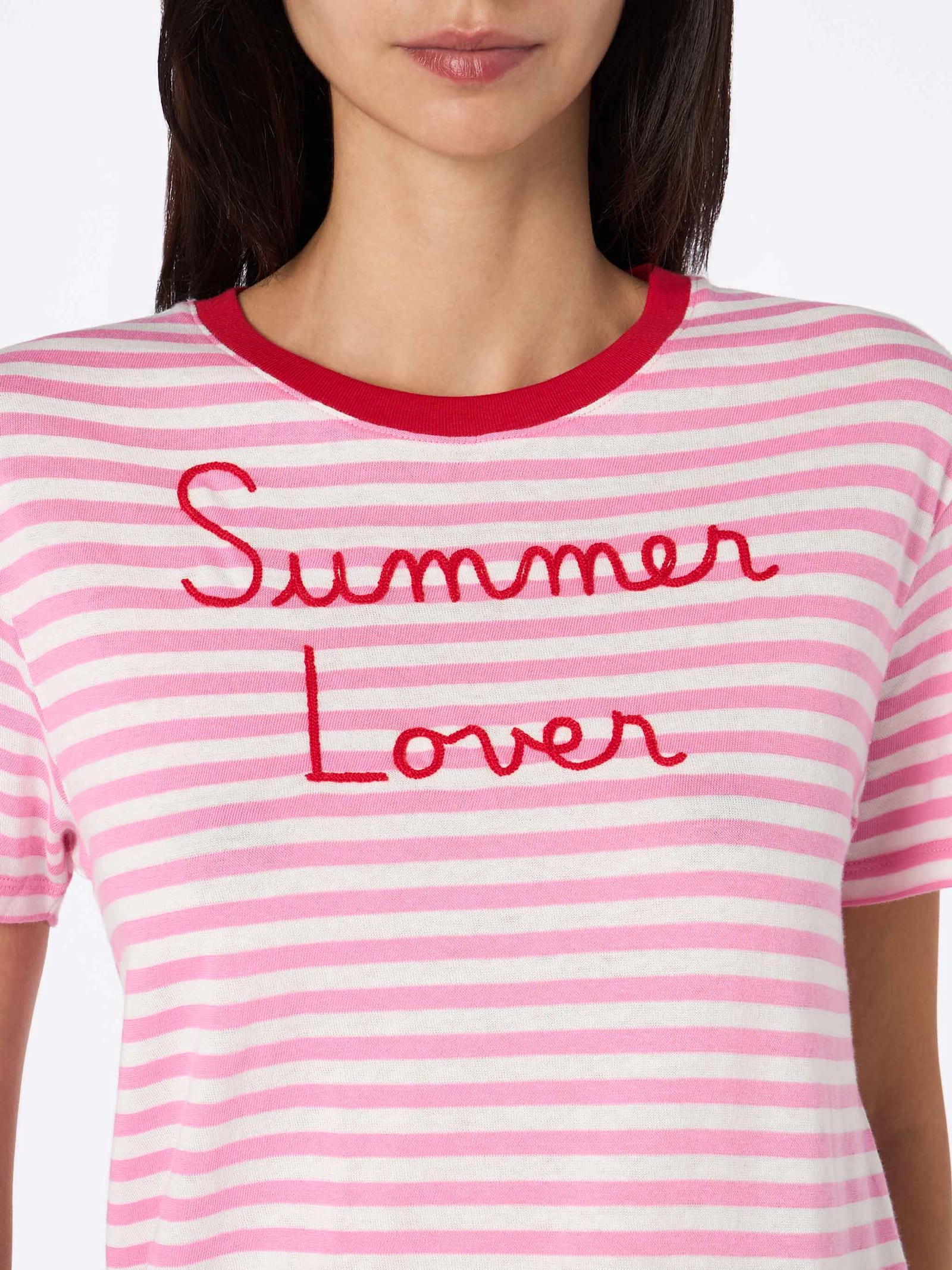 Mc2 Saint Barth Woman Striped Cotton Jersey Crewneck T-shirt Emiilie With Summer Lover Embroidery In Pink