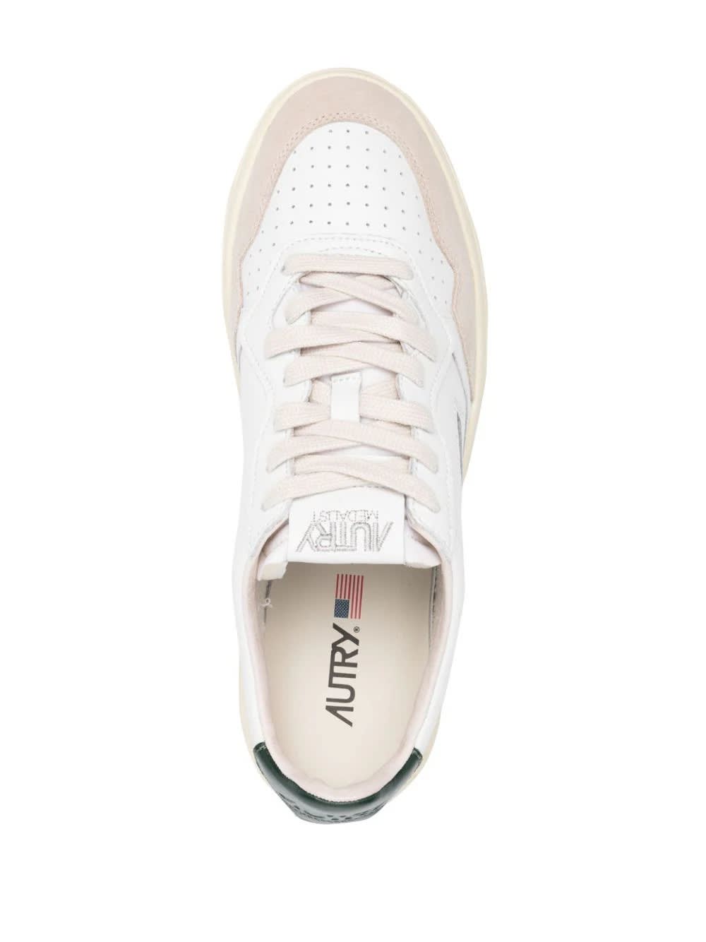 Shop Autry Medalist Low Sneakers In White And Dark Green Suede And Leather