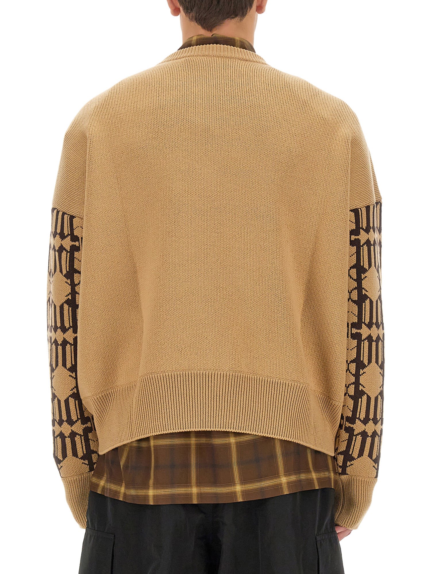 Palm Angels Embroidered Allover Monogram Jacquard Sweater In Beige