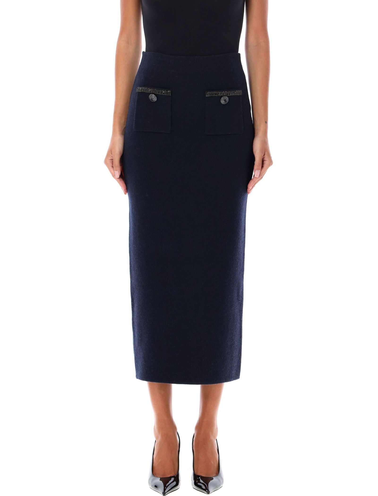 Shop Self-portrait Compact Wool Midi Skirt In Navy