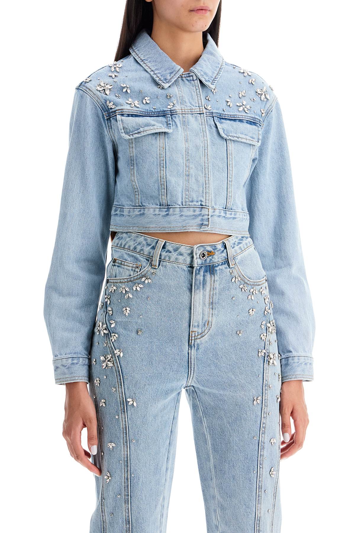 Shop Self-portrait Cropped Denim Jacket For Women In Blue