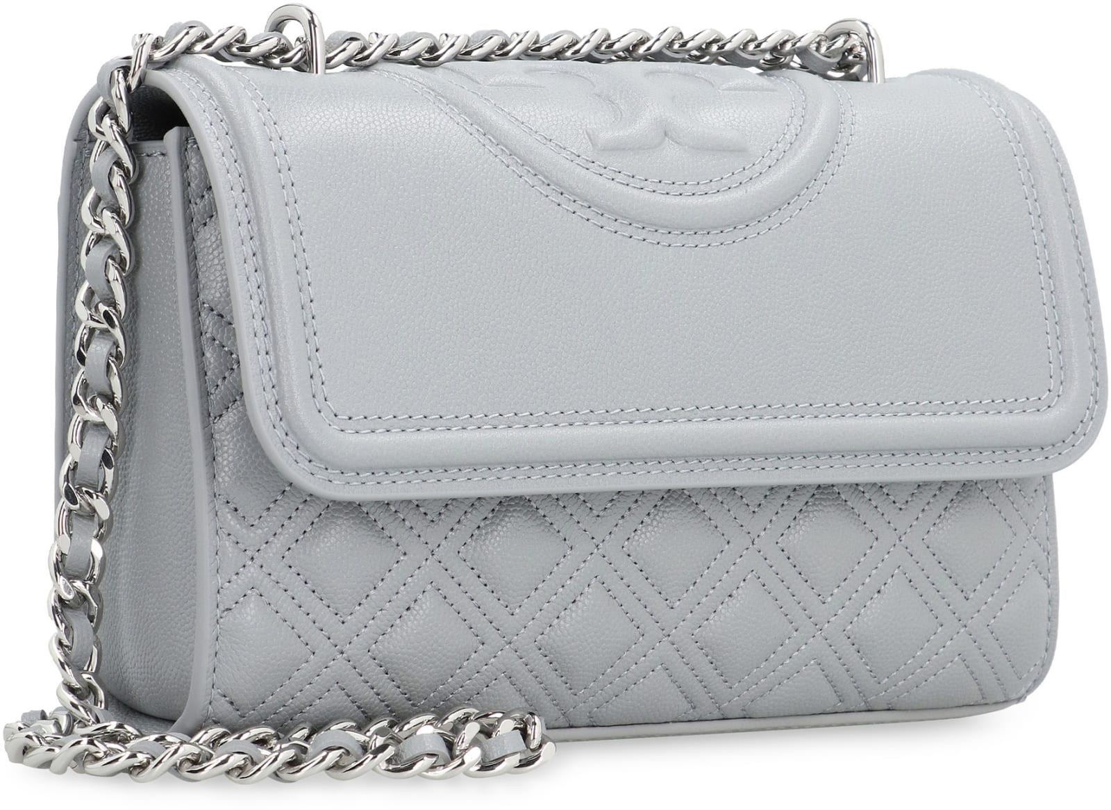 Shop Tory Burch Fleming Quilted Leather Shoulder Bag In Grey