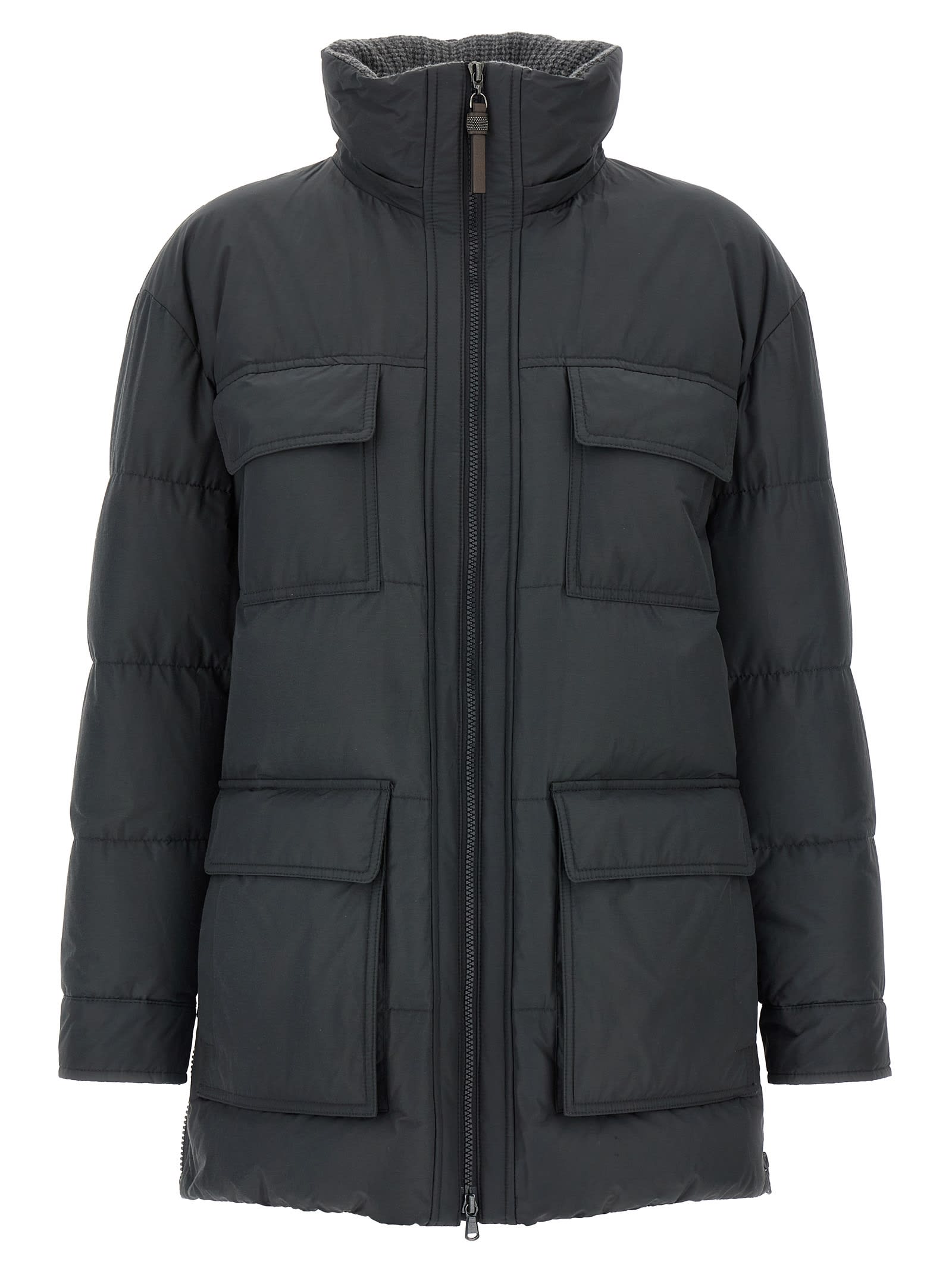 Brunello Cucinelli Knitted Neck Down Jacket Puffer Jackets Gray In Black