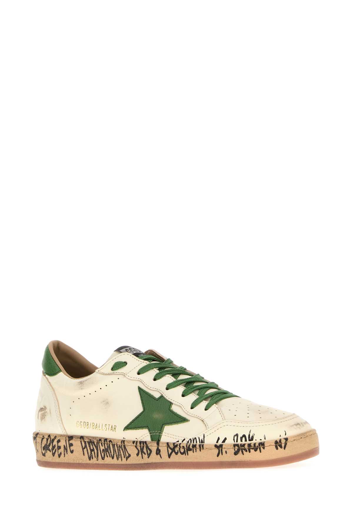Golden Goose Ball-star White Nappa Leather Sneakers With Green Star And Heel In Multi