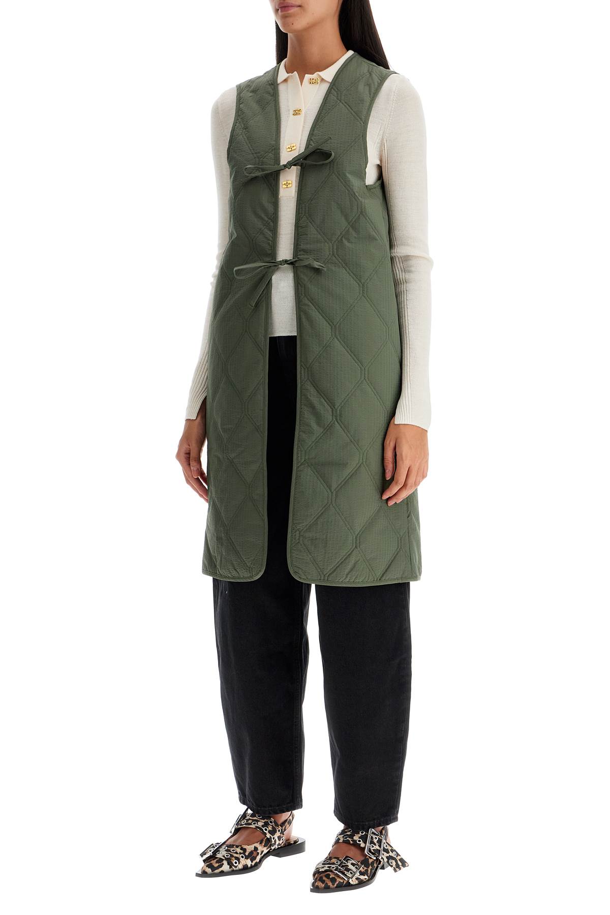 Shop Ganni Long Tech Seersucker Trench In Beetle (green)