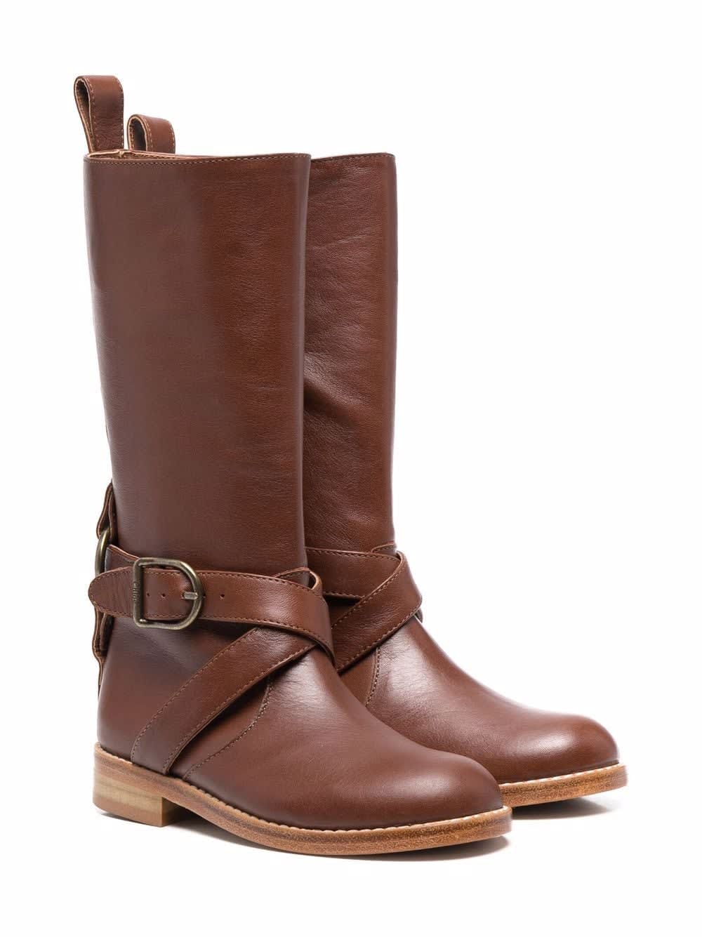 Chloé Kids Brown Leather Boots With Buckle