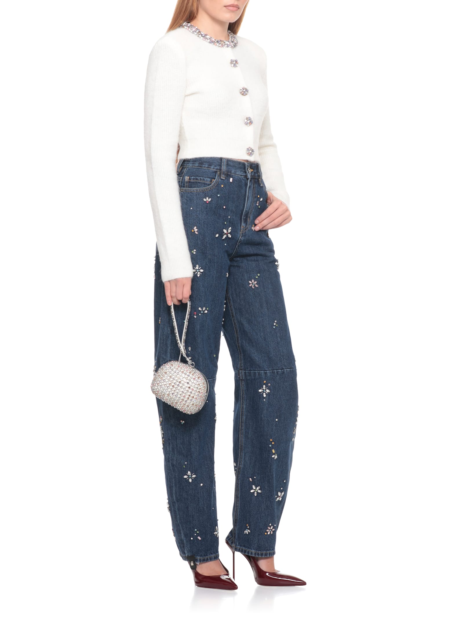 Self-portrait Wide-leg Cotton Jeans With Strass Floral Embellishments In Blue