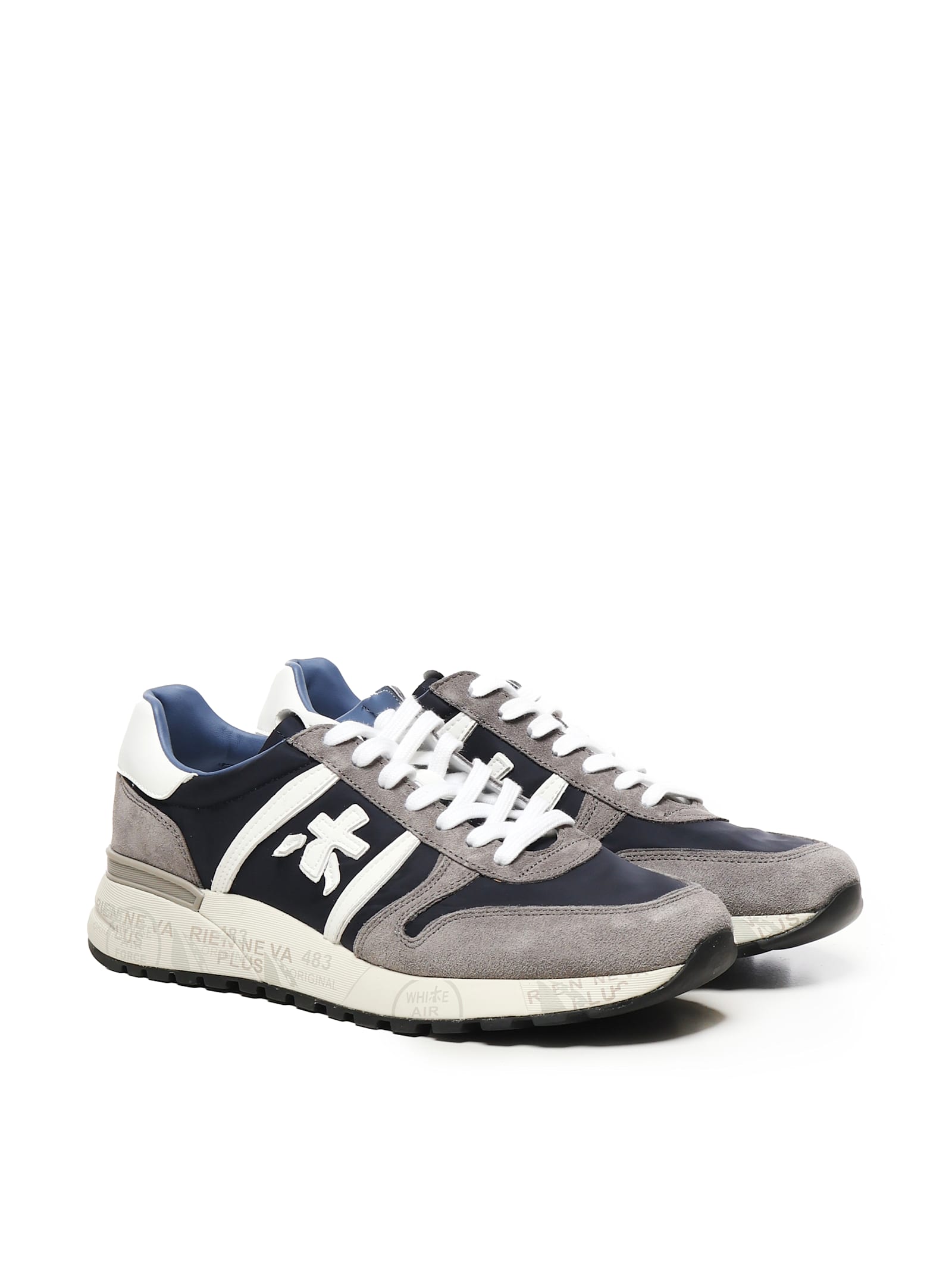 Premiata Lander Sneakers In Blue Suede And Fabric In Multi