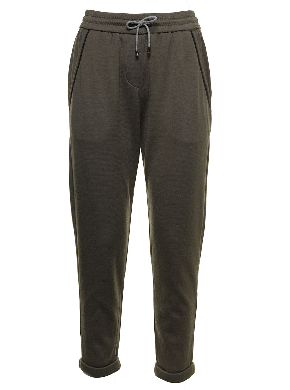 Brunello Cucinelli Green Cotton And Silk Joggers With Jewel Detail