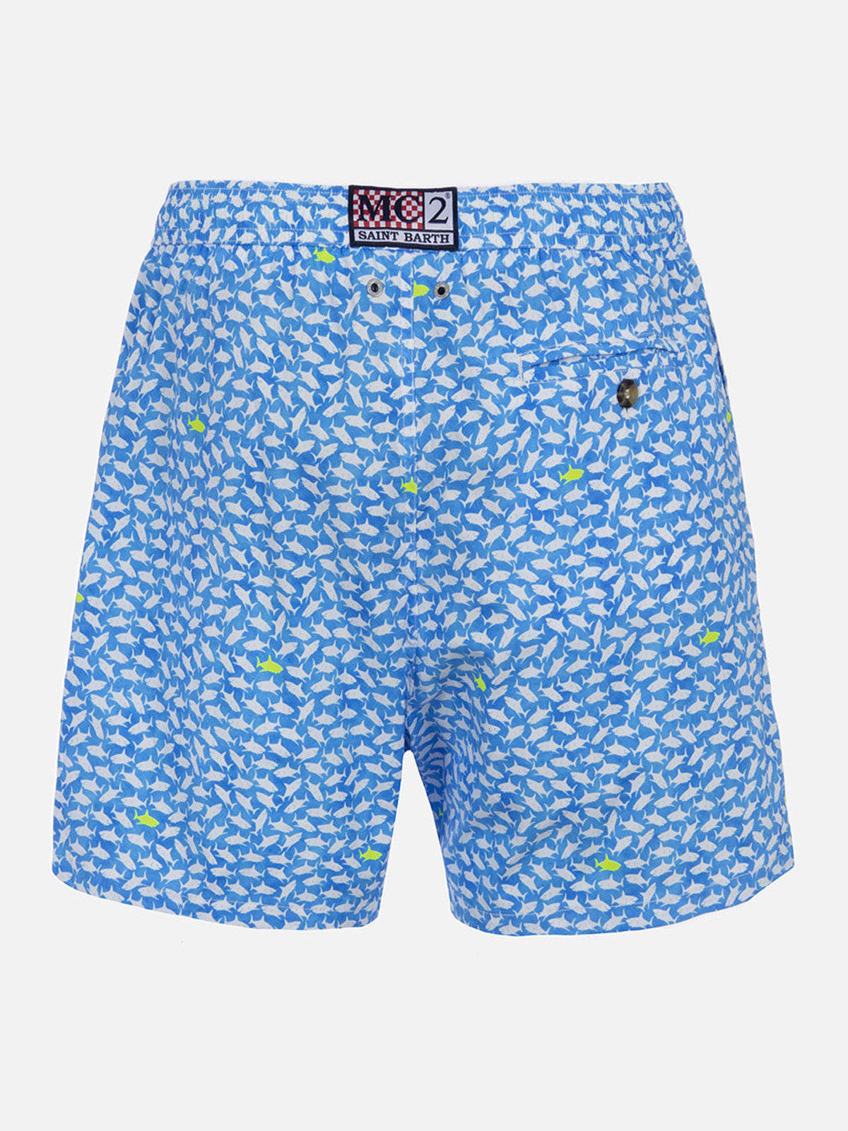 Mc2 Saint Barth Man Comfort Light Swim Shorts With Sharks Print In Bluette