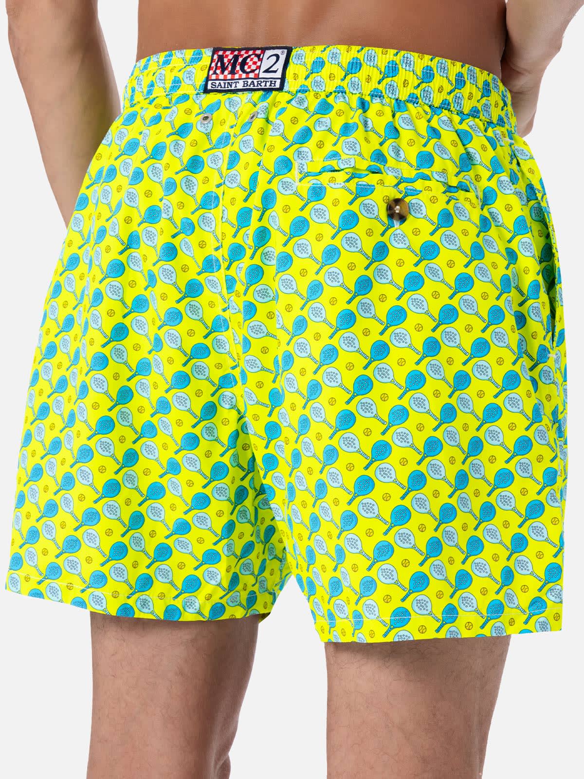 Mc2 Saint Barth Man Lightweight Fabric Swim-shorts Lighting Micro Fantasy With Padel Print In Yellow