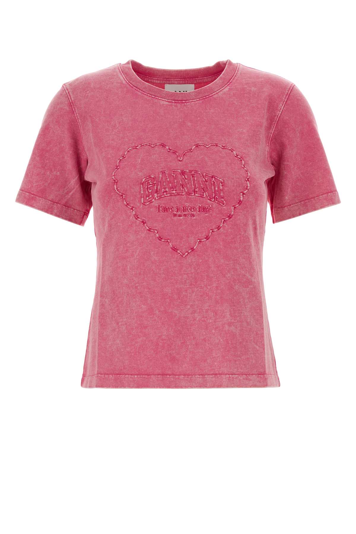 Ganni Cotton T-shirt Featuring Heart Embroidery In Pink