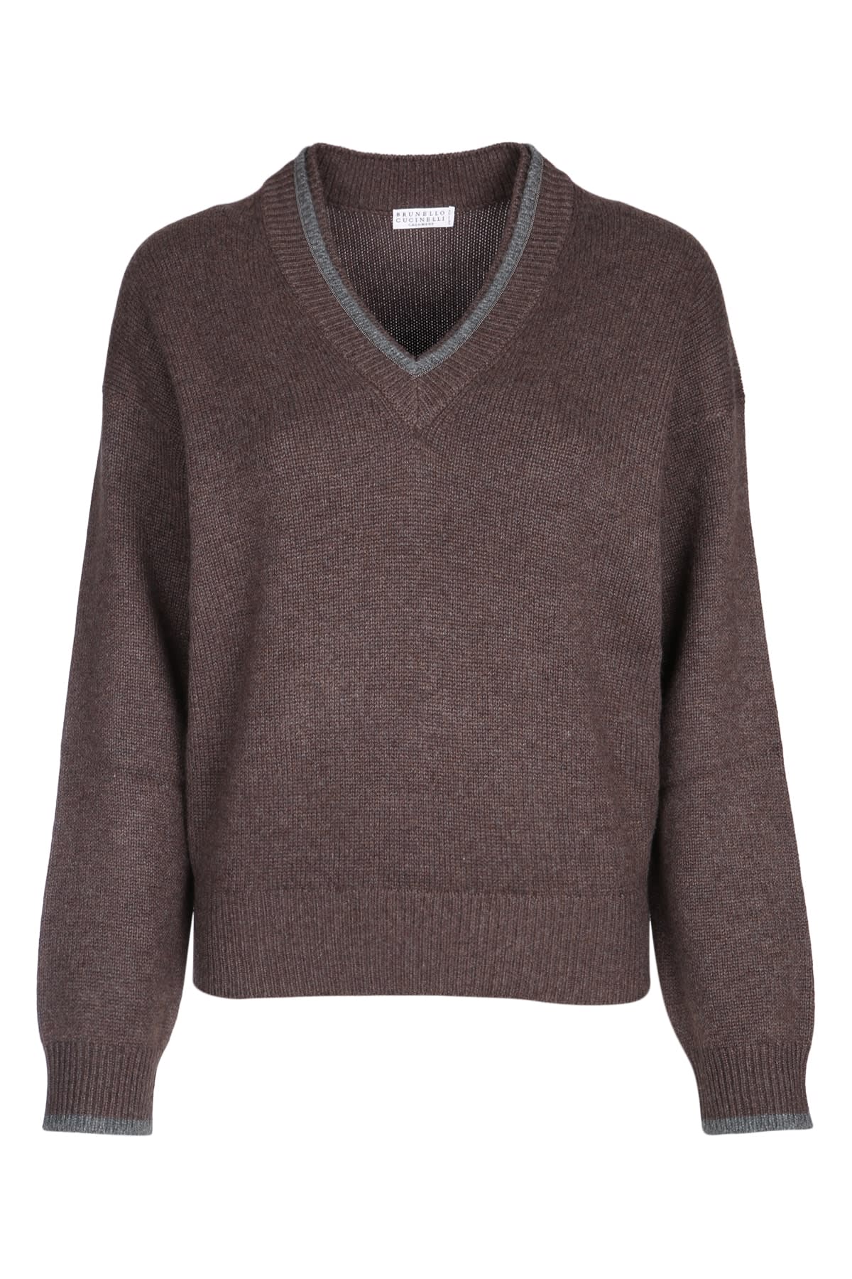 Brunello Cucinelli Ribbed V-neck Top Contrast Trim In Brown