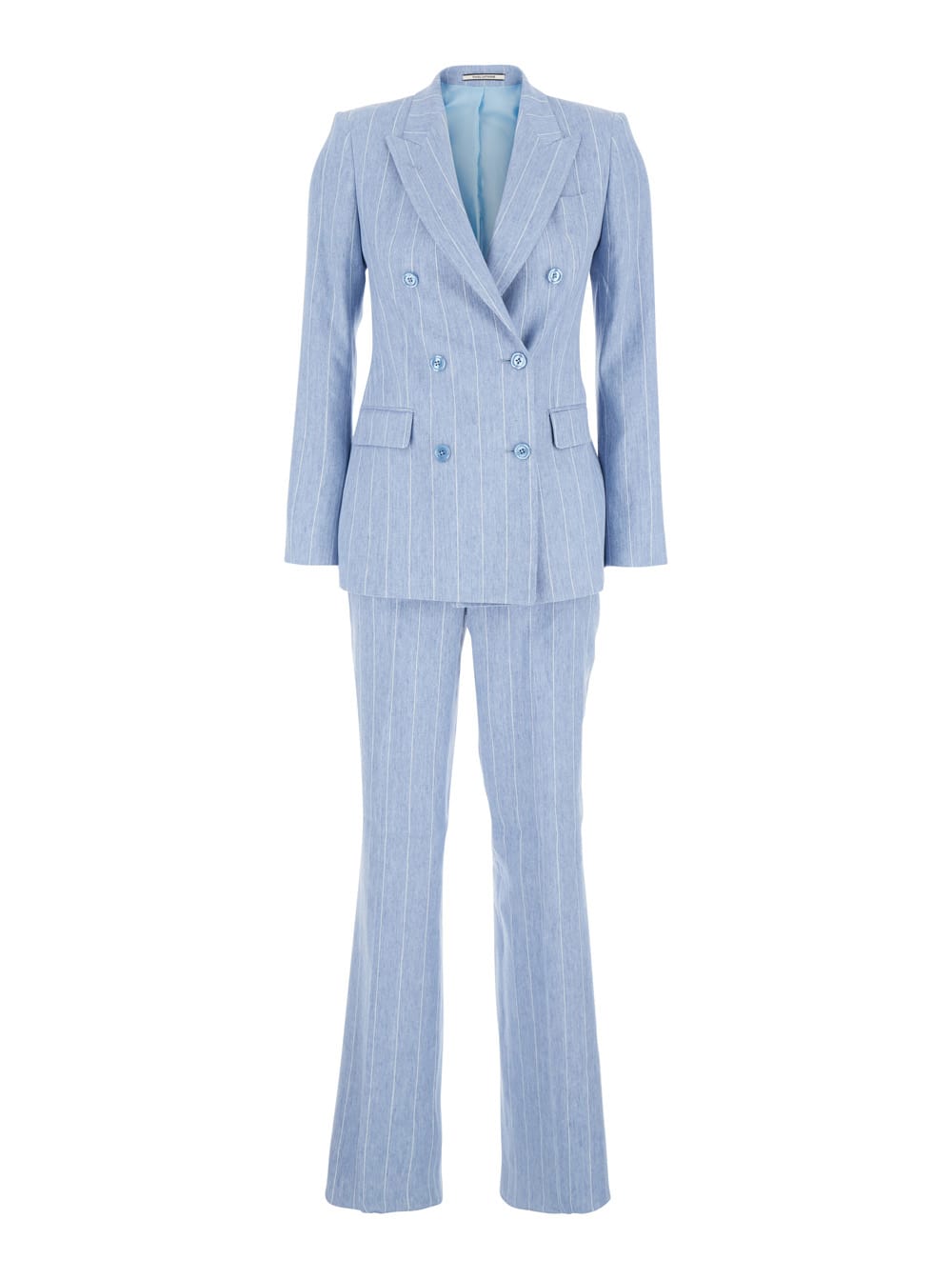 Blue Double-breasted Suit With All-over Striped Motif In Linen And Cotton Stretch Woman