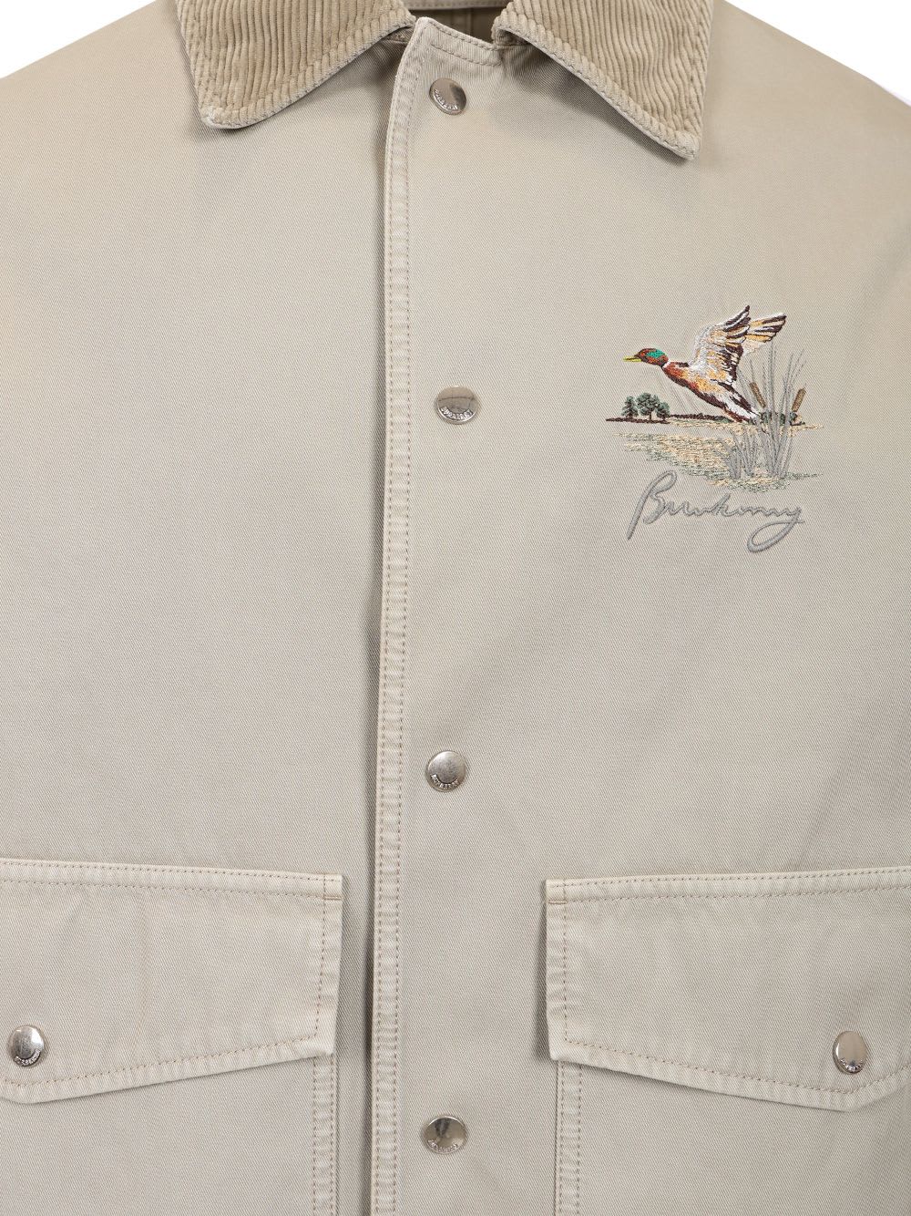 Burberry Cotton Jacket With Corduroy Collar And Embroidered Detail In Grey