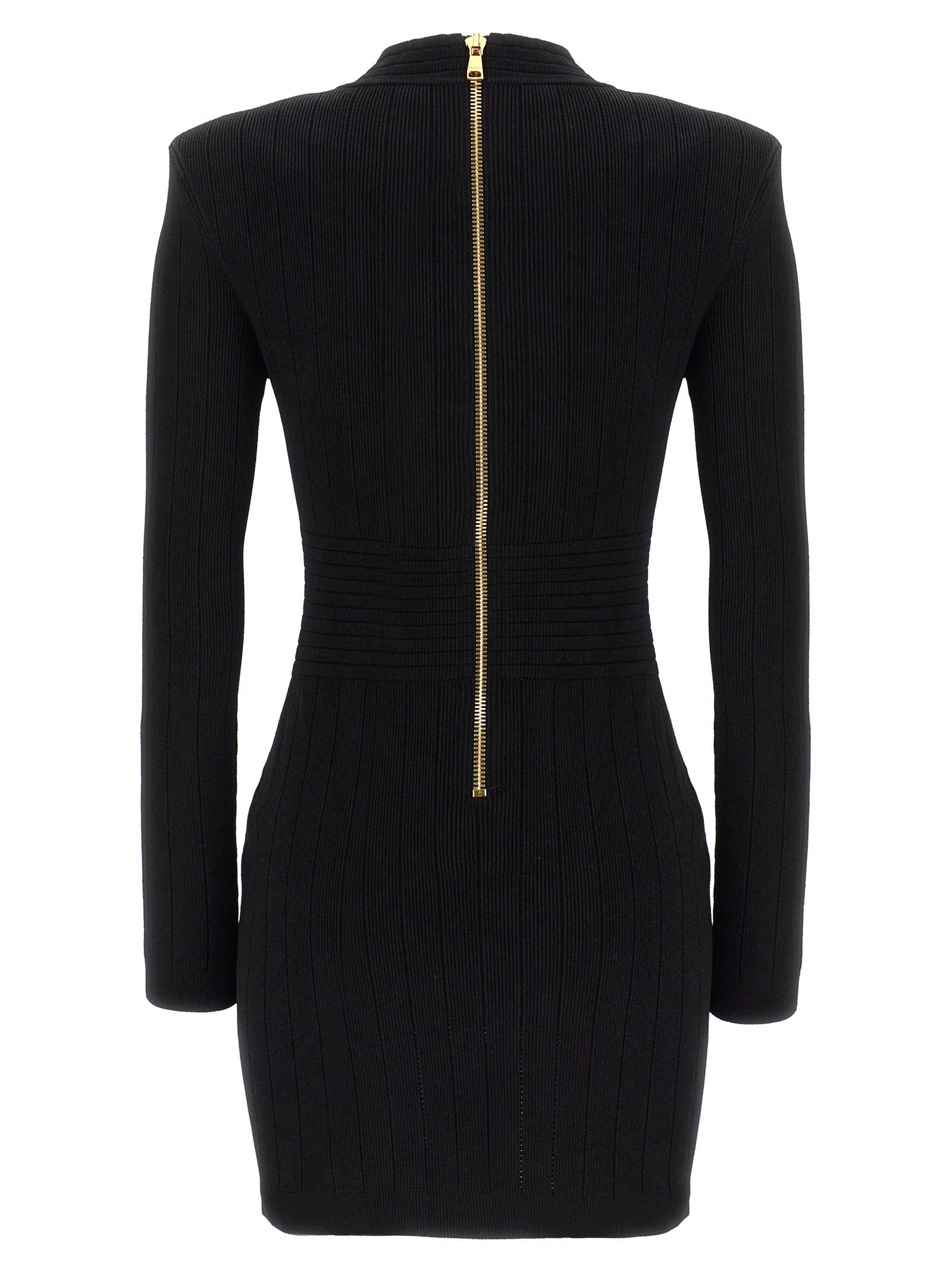 Shop Balmain Logo Button Ribbed Dress In Black