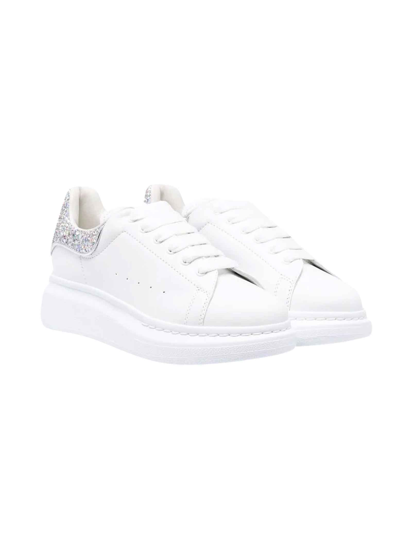 Alexander McQueen White And Silver Sneakers With Lace Closure And Round Tip