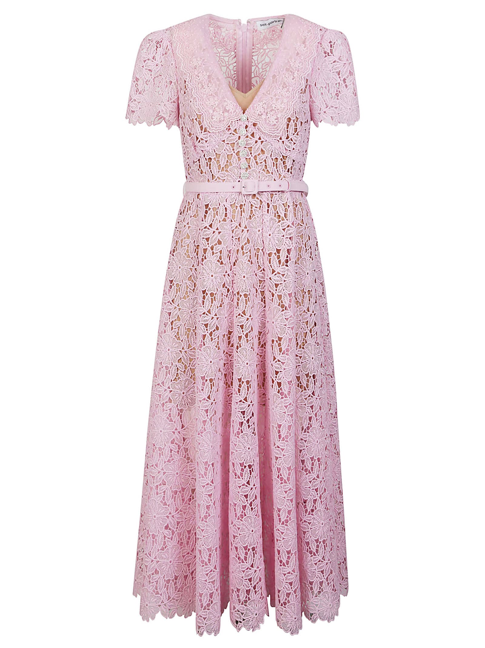 Shop Self-portrait Guipure Lace Midi Dress In Pale Pink