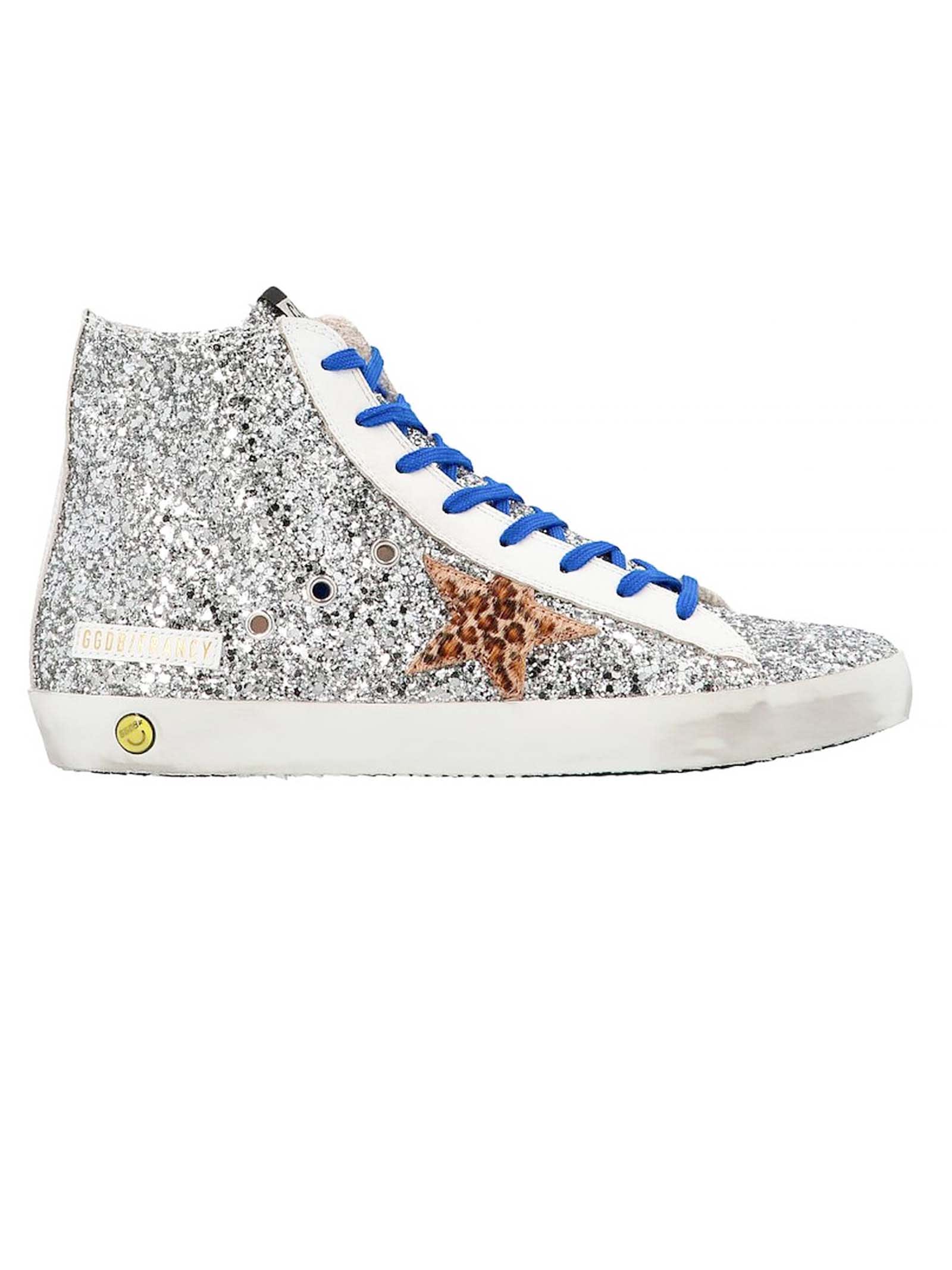 Golden Goose Silver Leather And Glitter Francy Sneakers