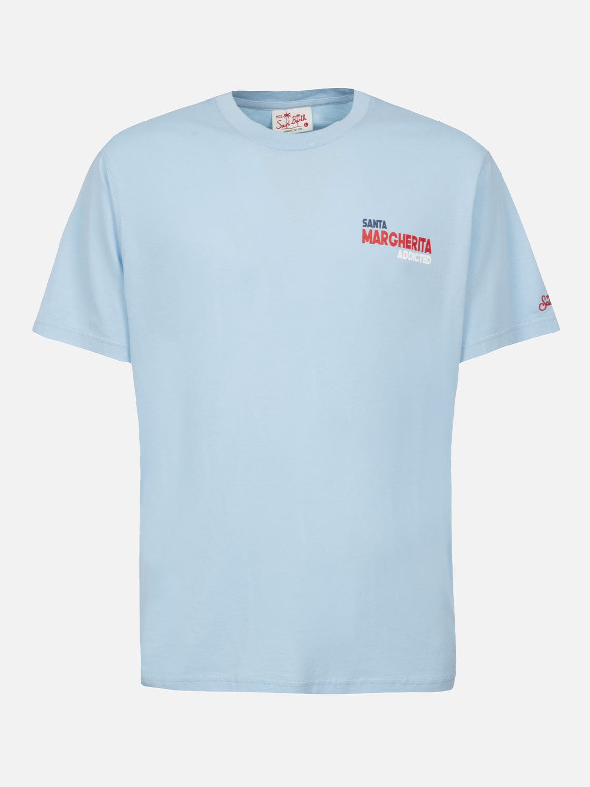 Mc2 Saint Barth Man Cotton T-shirt With Santa Margherita Addicted Postcard Placed Print In Sky