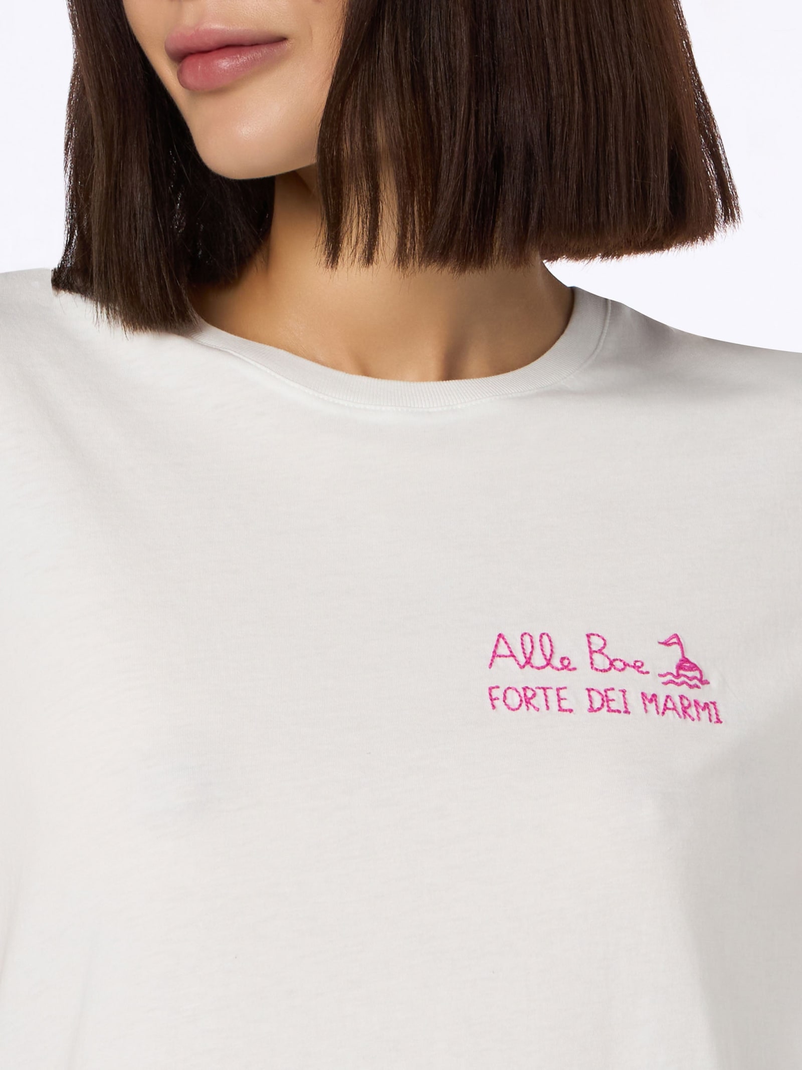 Mc2 Saint Barth Woman Cotton Jersey Crewneck T-shirt Emilie With Baciami Alle Boe Print Alle Boe Special Edition In White