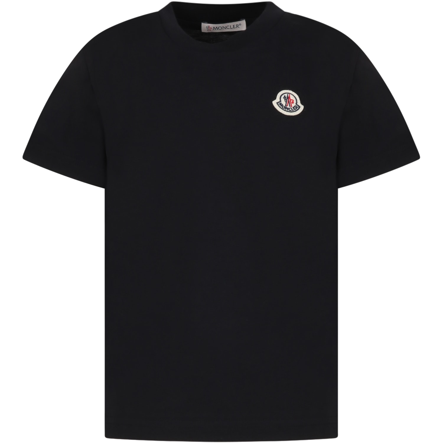 MONCLER BLACK T-SHIRT FOR KIDS WITH LOGO PATCH