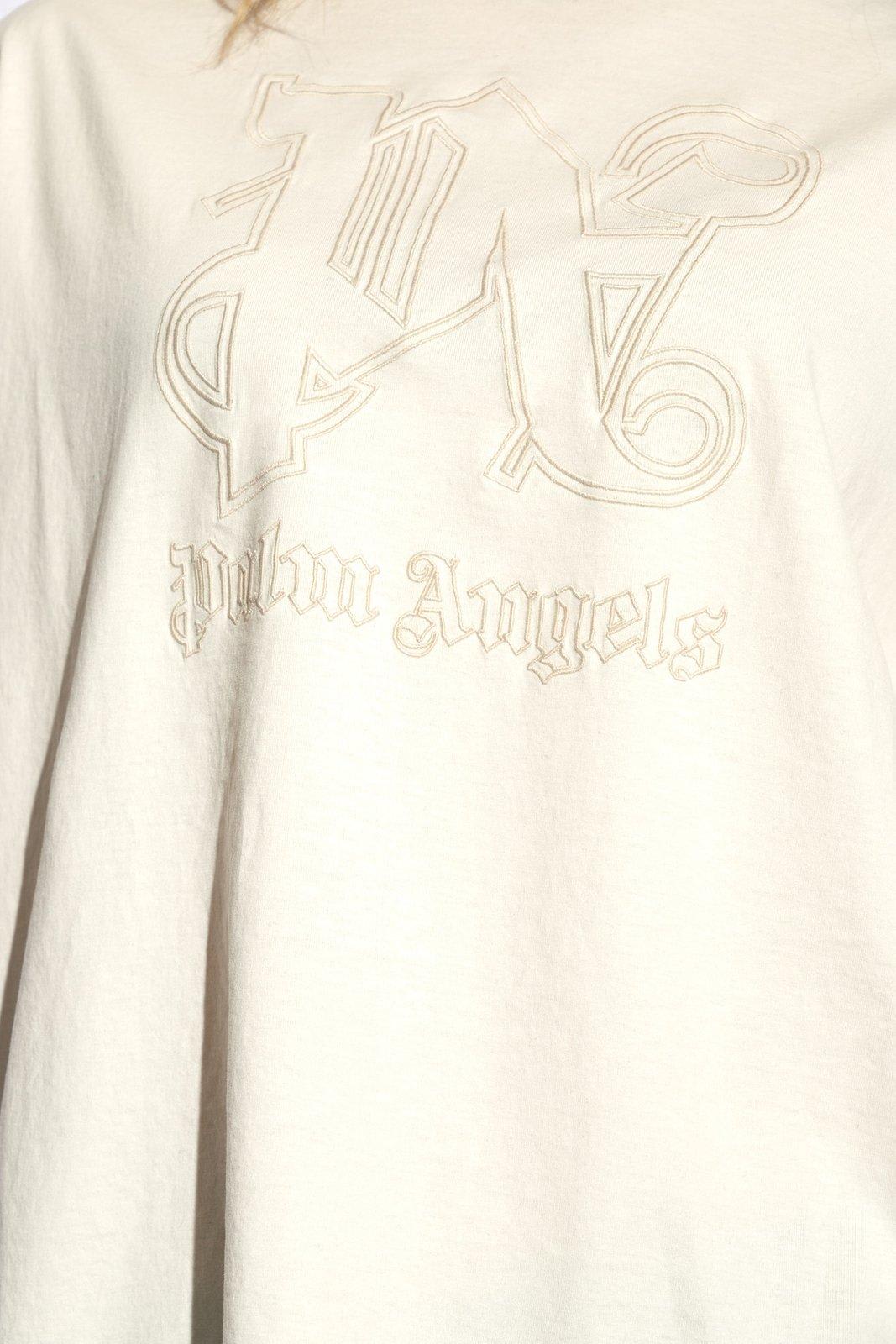 Shop Palm Angels Monogram Embroidered Crewneck T-shirt In Bianco