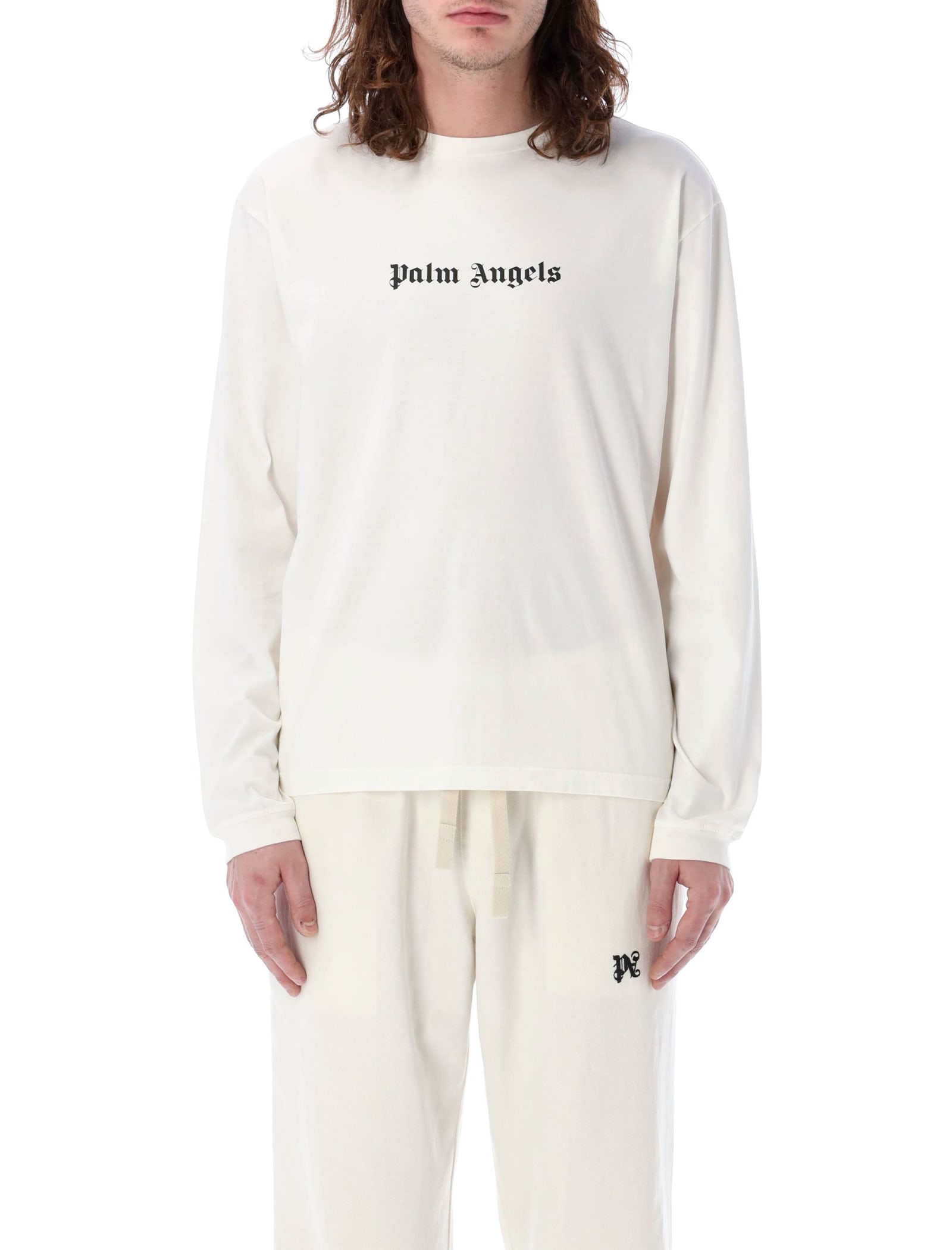 Shop Palm Angels Long Sleeves Logo T-shirt In Off White