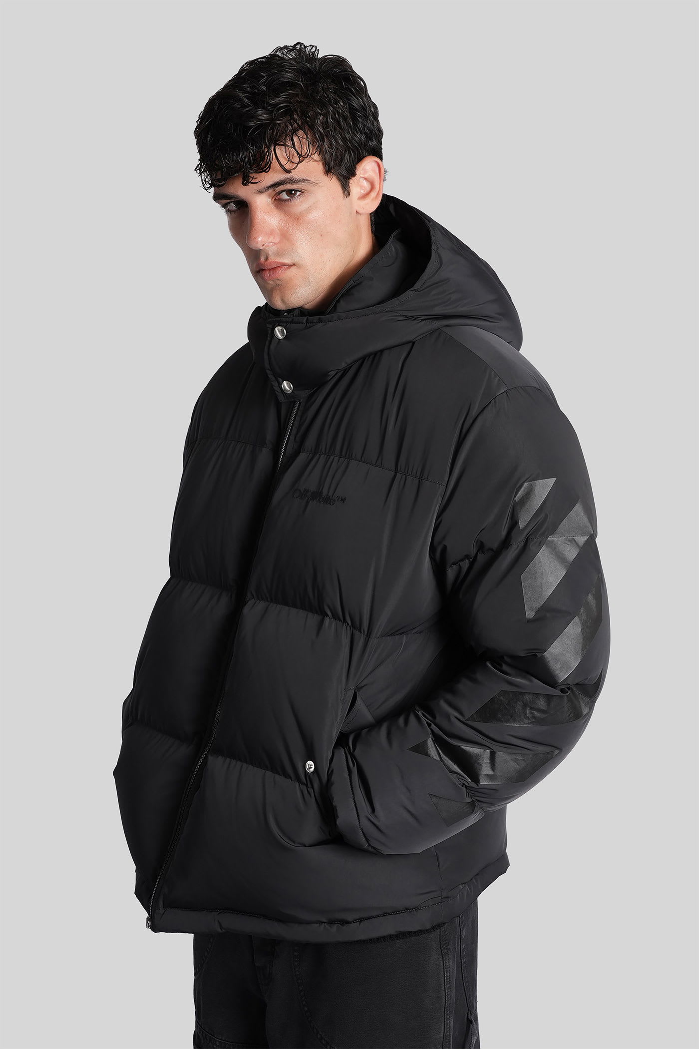 Off-white Hooded Padded Quilted Jacket Pockets In Black
