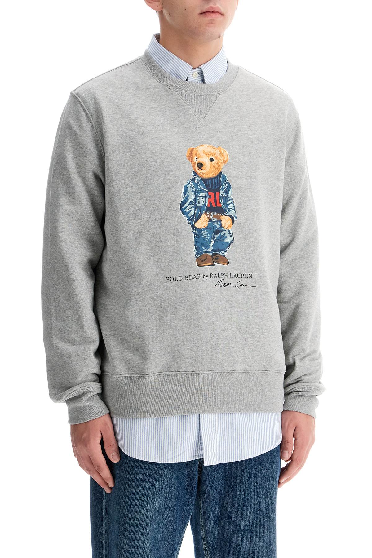 Shop Polo Ralph Lauren Polo Bear Crewneck Sweat In F24 Andover Hthr Denim Bear (grey)