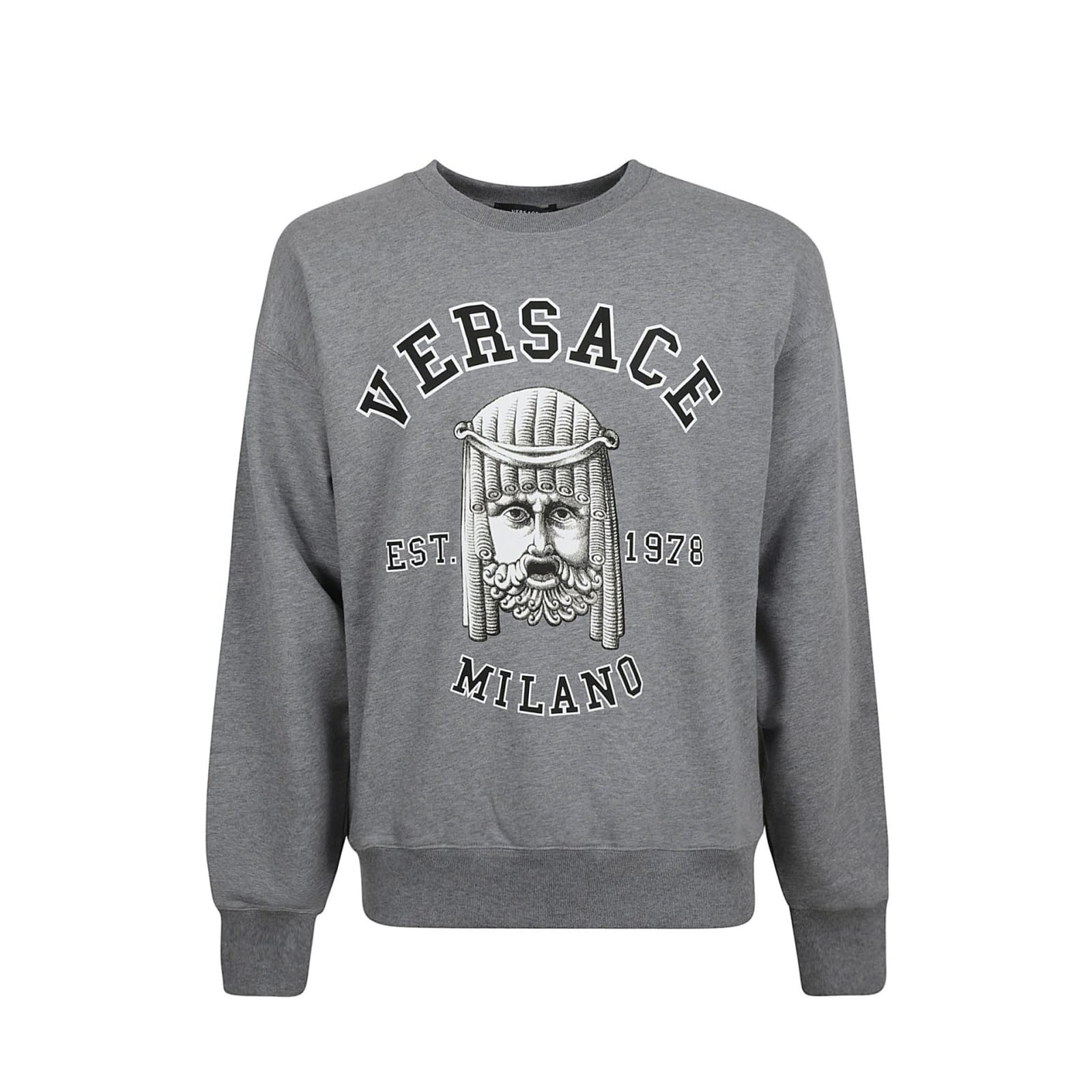 Versace Mask Print Cotton Crewneck Sweatshirt In Gray