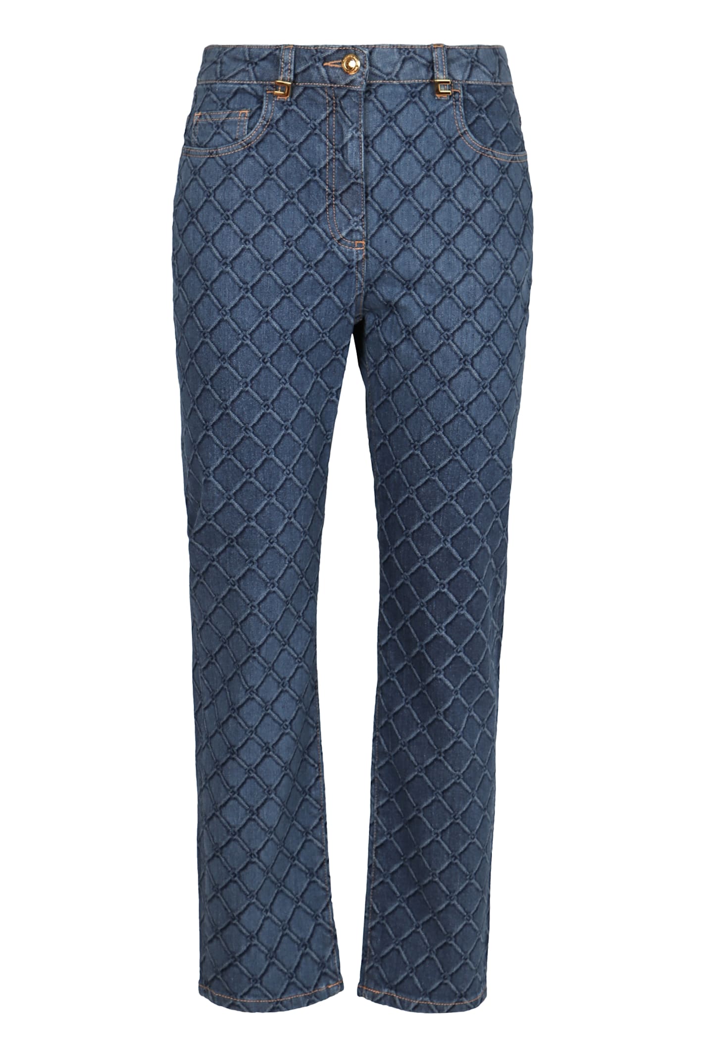 Elisabetta Franchi Slim Fit Trousers With Laser Lozenge Print In Blue