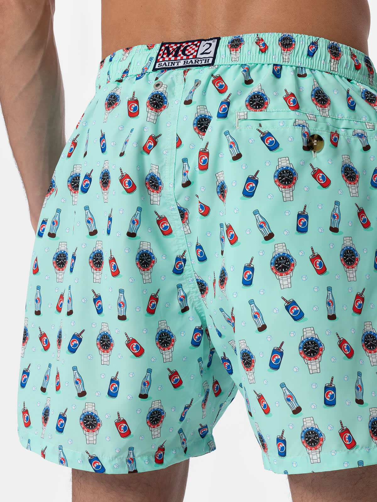 Mc2 Saint Barth Man Lightweight Fabric Swim-shorts Lighting Micro Fantasy With Watches And Drinks Print In Green