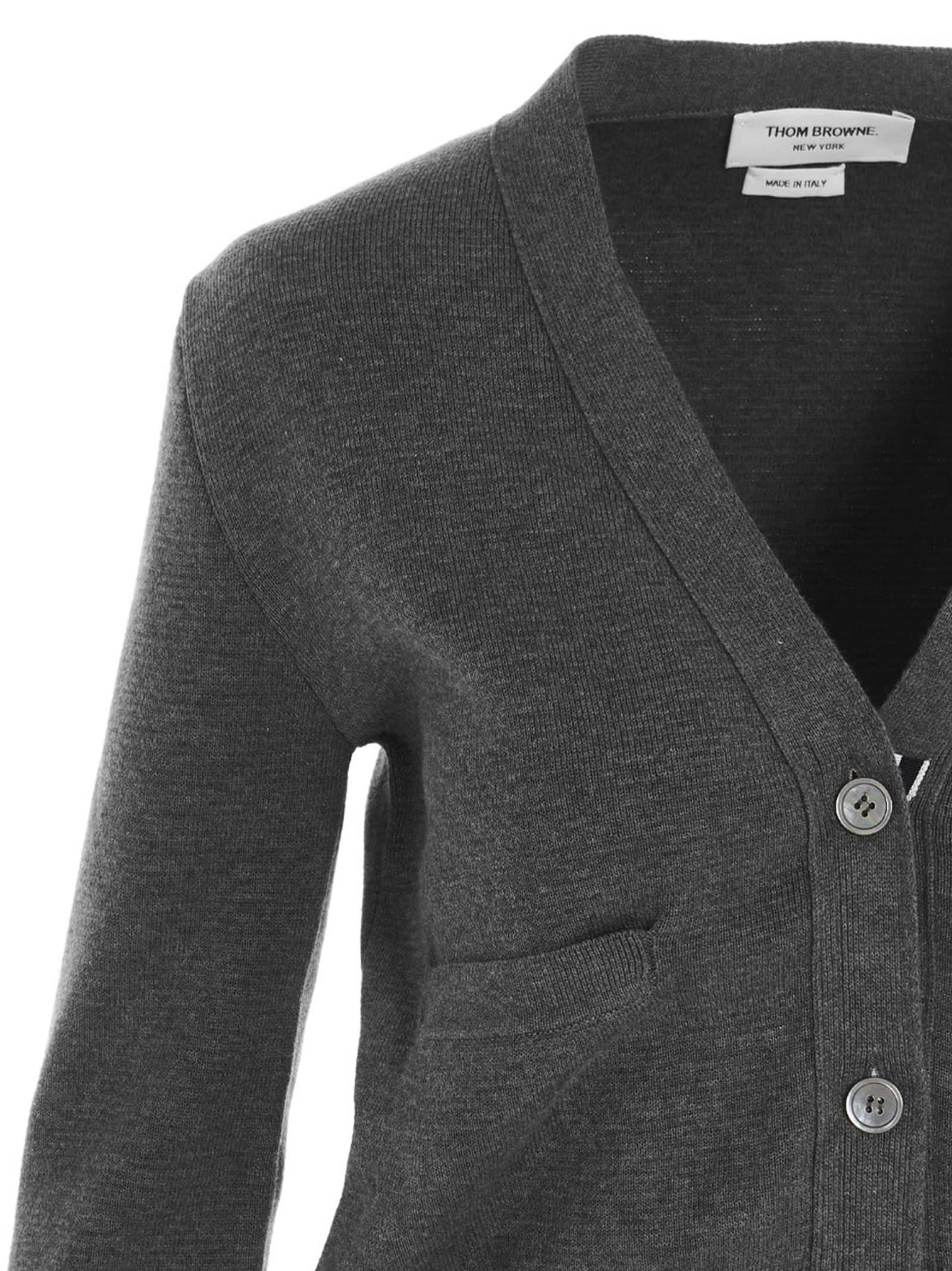 Thom Browne V-neck Grey Virgin Wool Cardigan In Med Grey