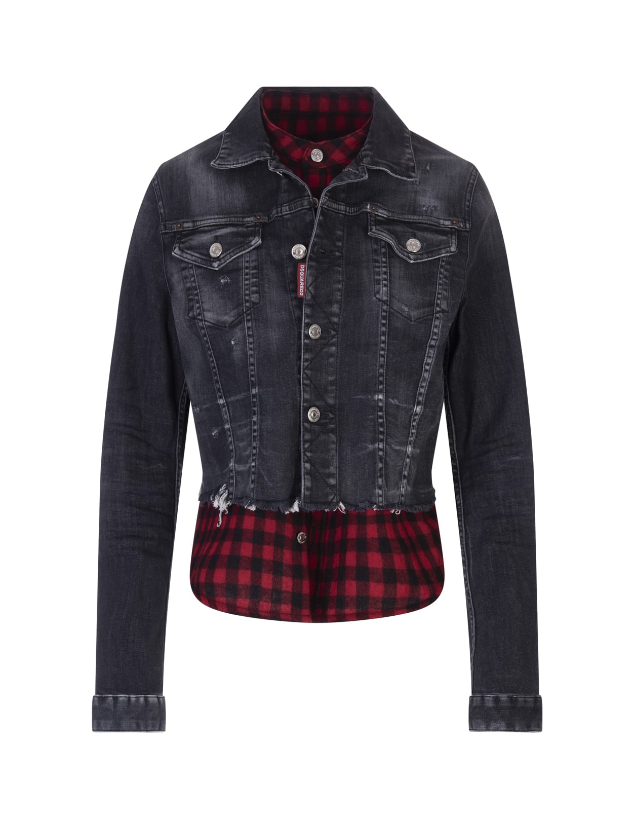Dsquared2 Woman Black & Check Denim Jacket With Shirt Insert