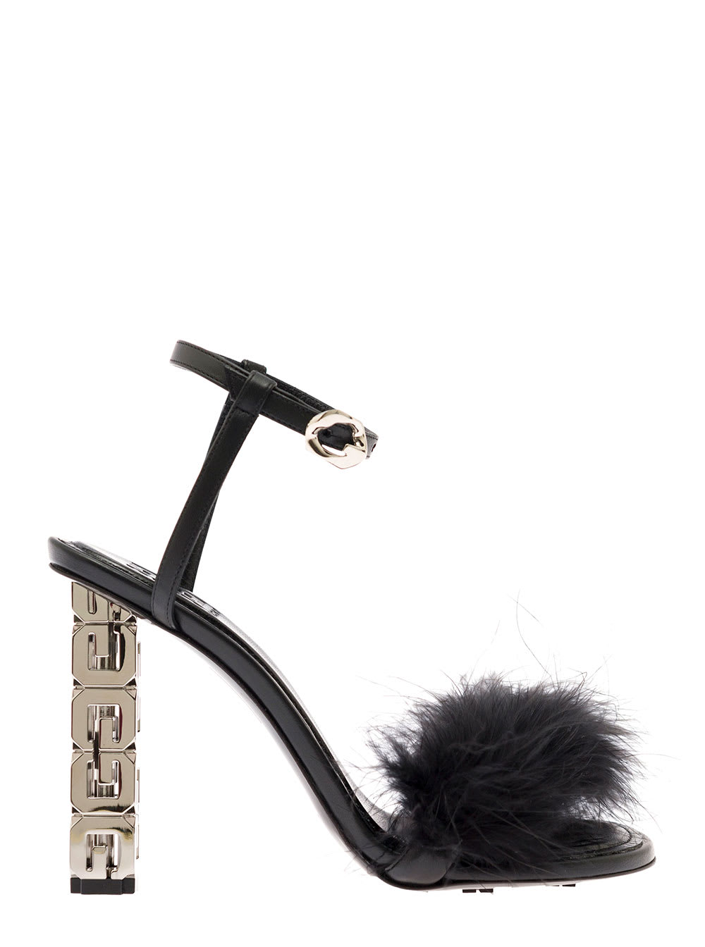 GIVENCHY G CUBE BLACK SANDALS WITH BRANDED HEEL AND TONAL FEATHERS IN LEATHER WOMAN