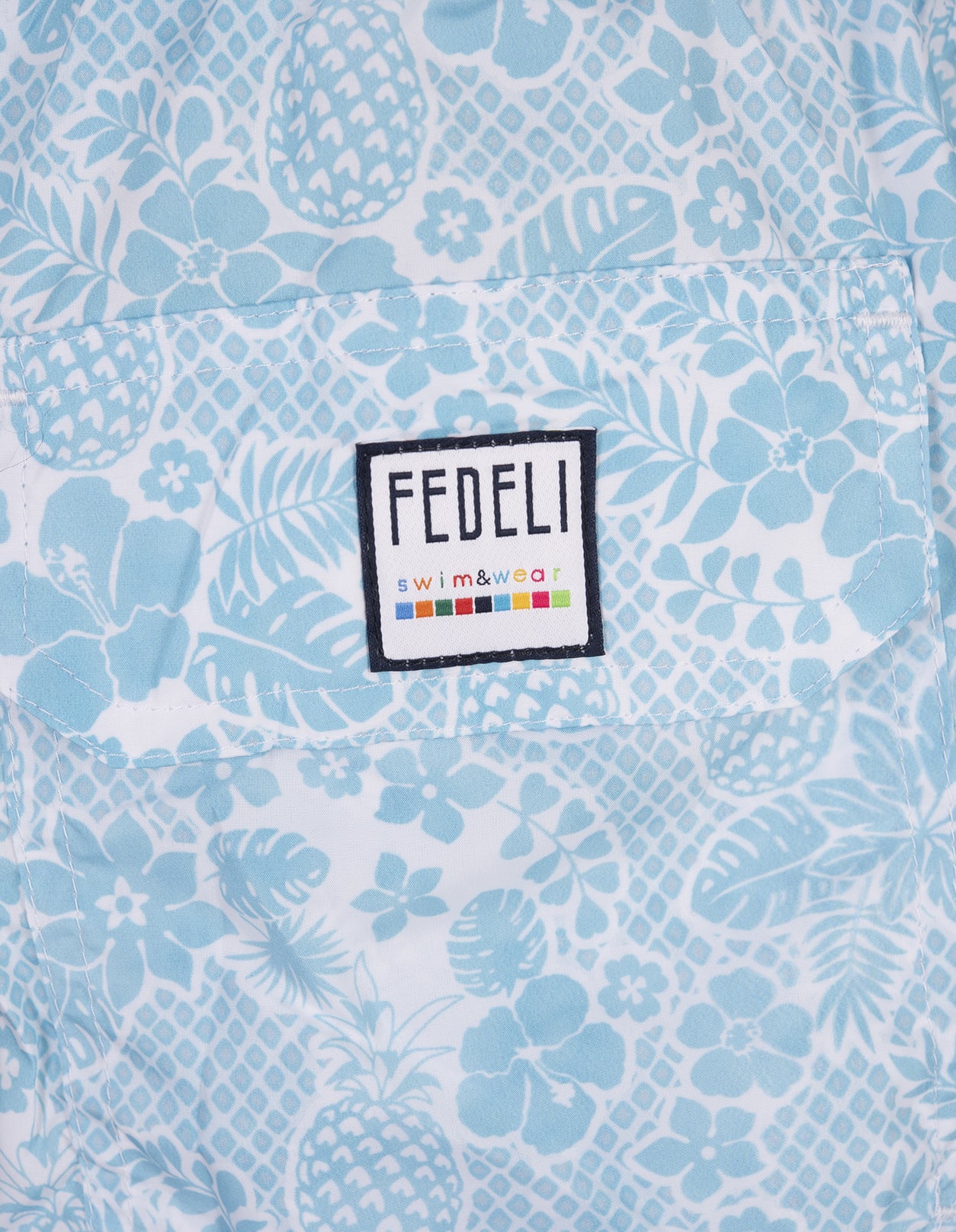 Shop Fedeli Light Blue Swim Shorts With Tropical Pattern
