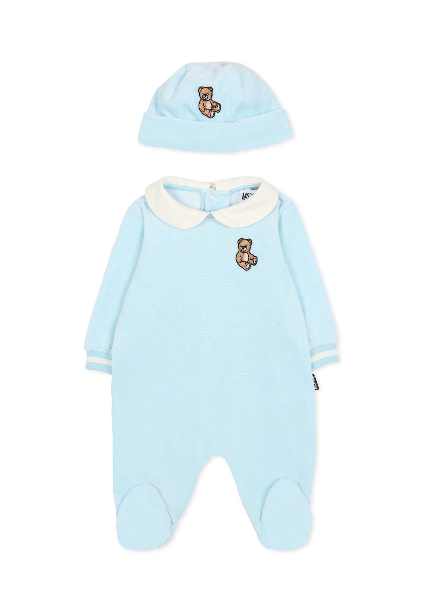 Moschino Light Blue Babygrow Set For Baby Boy With Teddy Bear In Blue