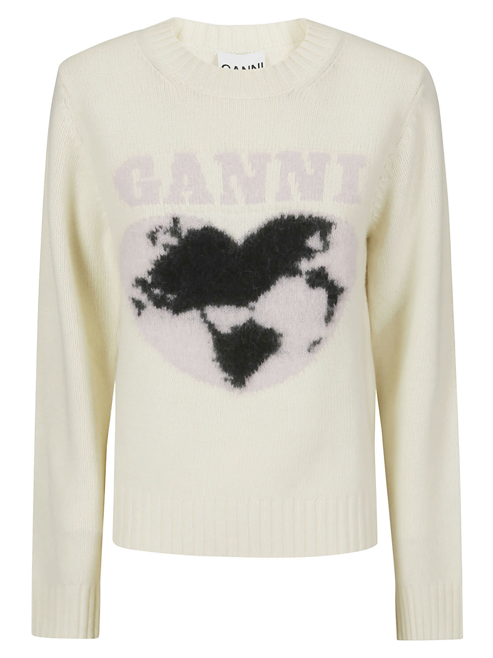 Shop Ganni Graphic Soft Wool Mix O-neck In Egret